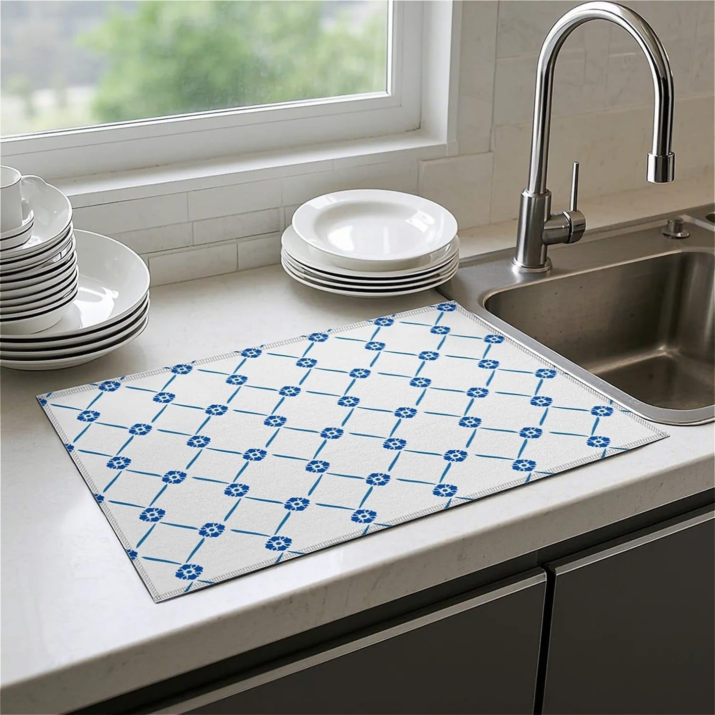 Dish Drying Mat For Kitchen Counter, Blue Floral Microfiber Absorbent Dish Drainer Rack Pad Reusable Large 18x24in Drying Mat