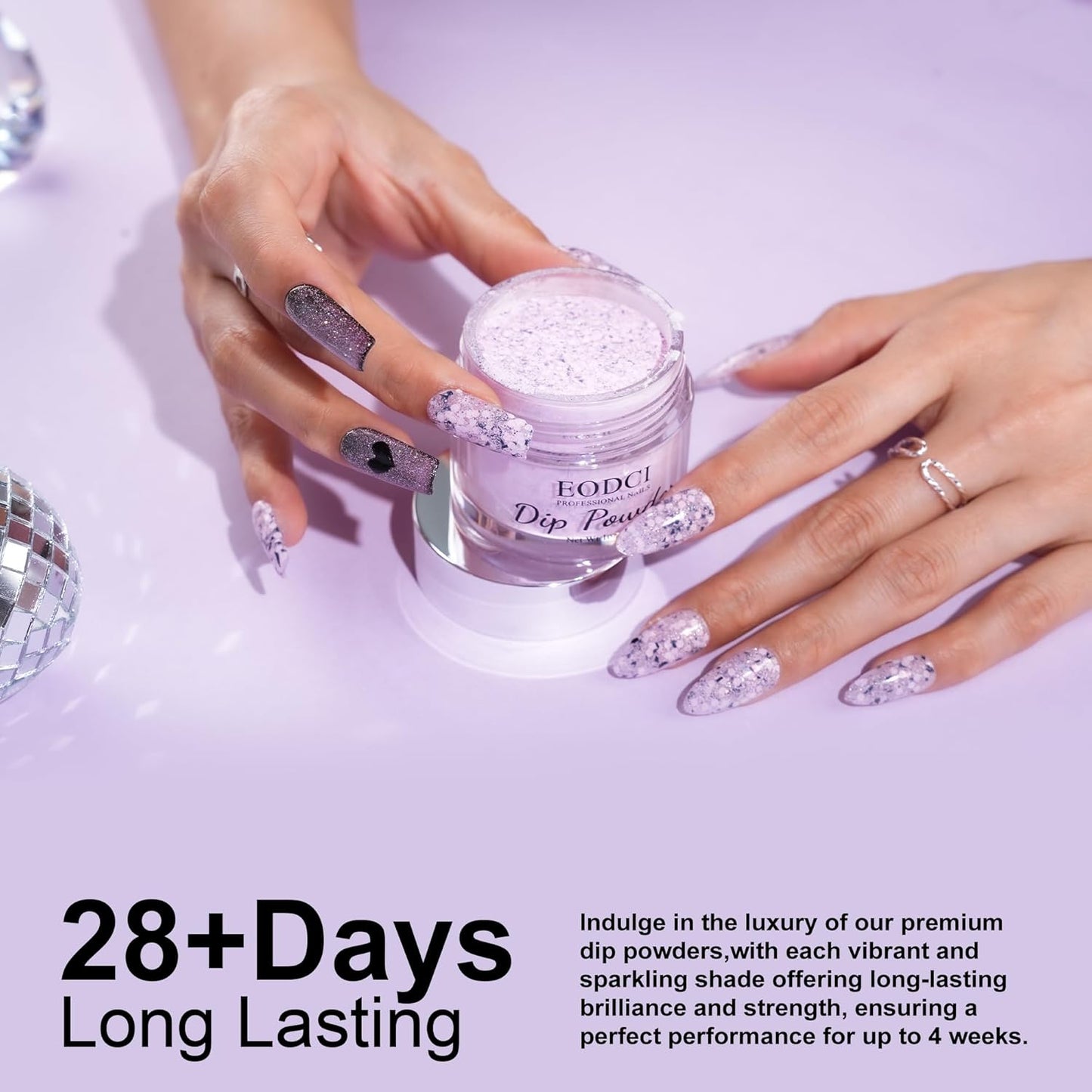 Lavender Glitter Dip Powder, Nail Dipping Powder 1 Oz/28g Purple Colors with Platinum foil for DIY Manicure Salon at Home Easy to Use for Women gift No Needed Nail Lamp Curing