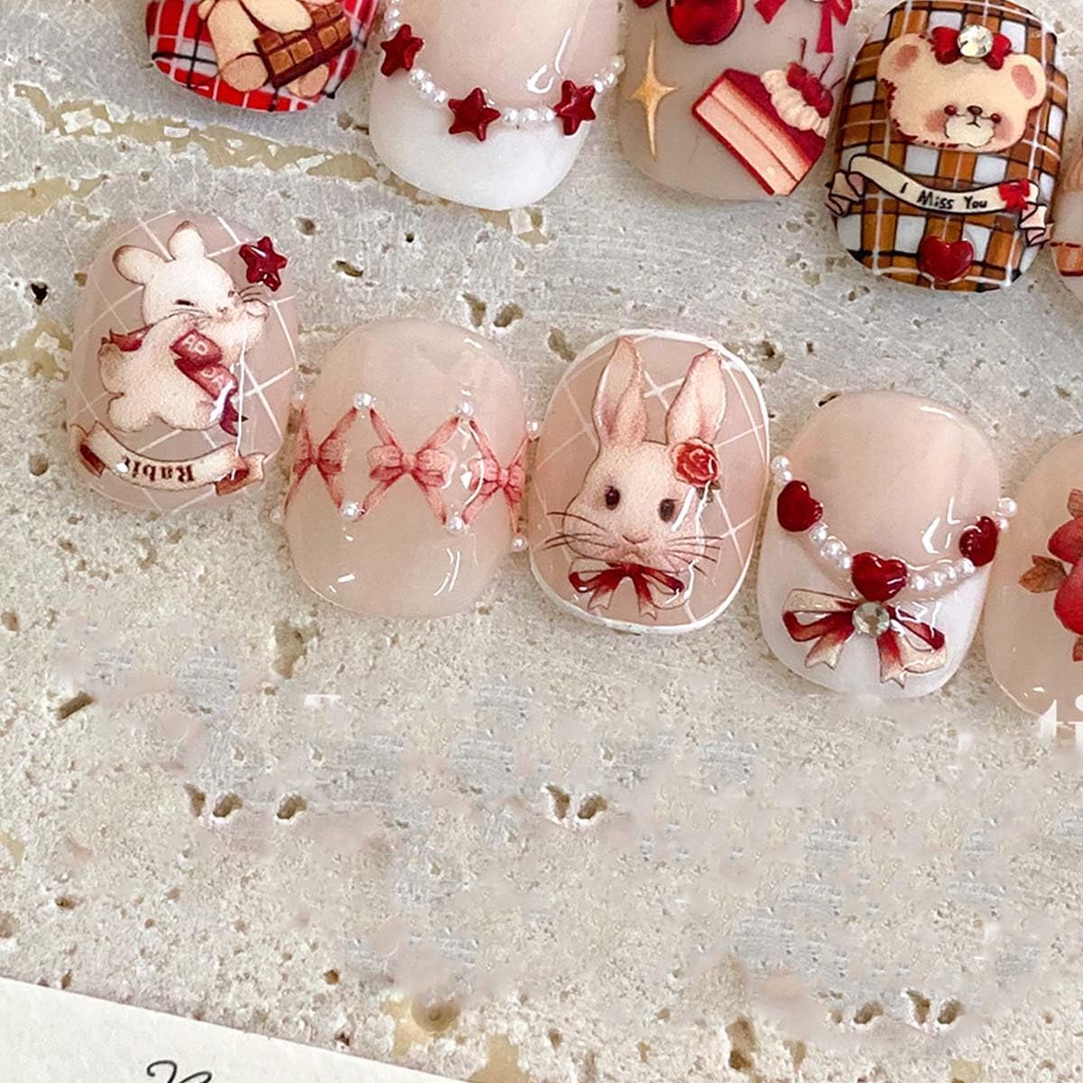 Bunny Nail Stickers Lovely Bunny Nail Art Strawberry Ribbon Rabbit Nail Decals Cute Stickers for Nails Designs Self Adhesive Nail Art Supplies & Decorations for Women Girls 1 Sheet