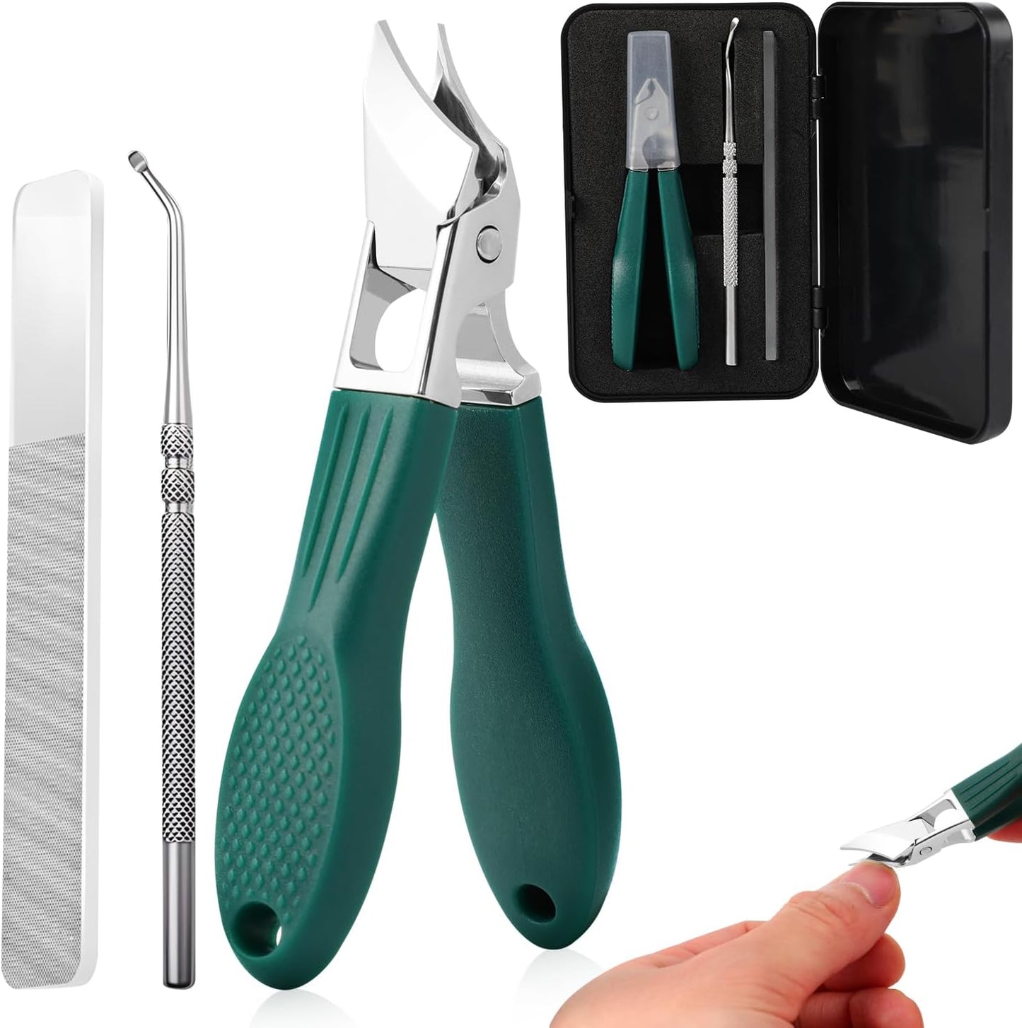 Eagle Beak Beveled Nail Clippers, Upgrade Stainless Steel Wide Jaw Opening Anti-Splash Nail Clipper Set of 3-Piece, Long Handle Angled Nail Clipper for Ingrown & Thick Nail for Men Women (Green)