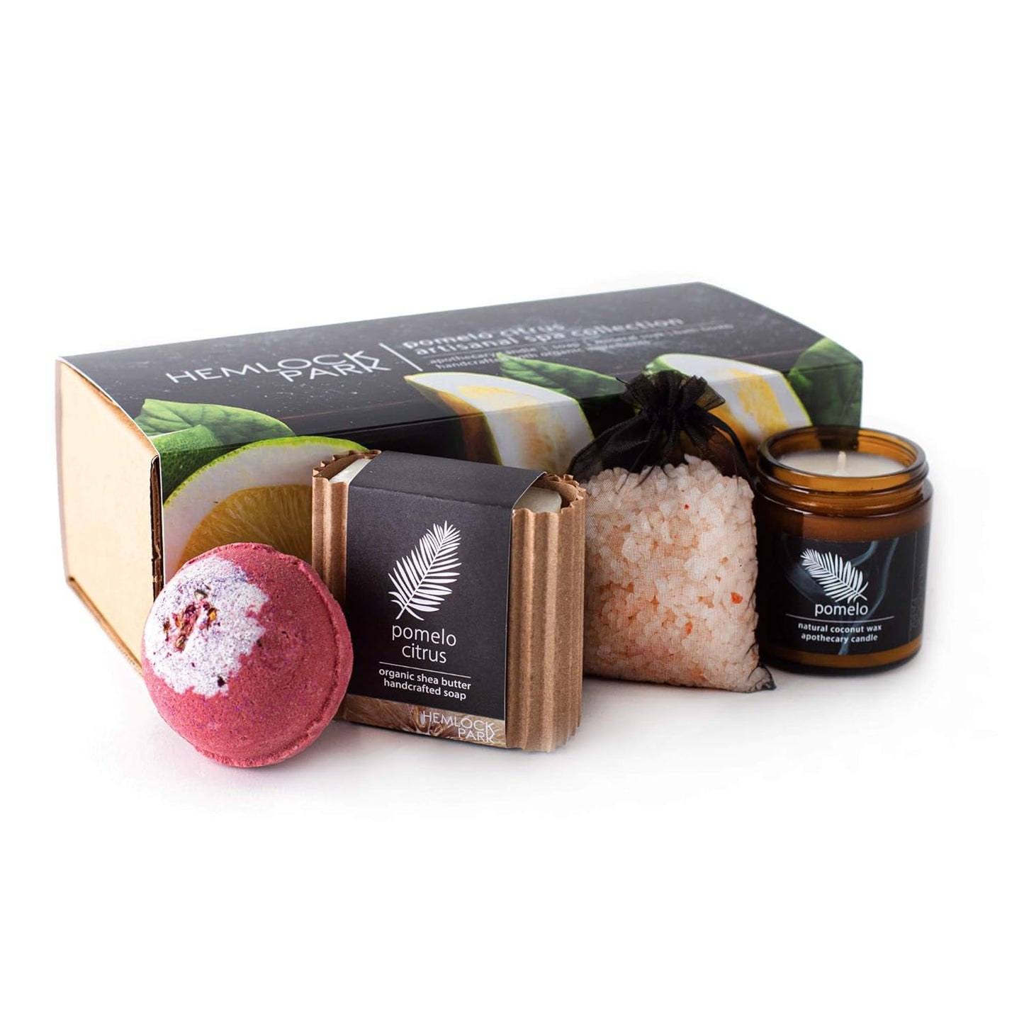 Hemlock Park Pomelo Citrus Artisanal Spa Gift Box | Apothecary Candle, Shea Butter Soap, Bath Bomb, Mineral Salt Bath Soak | Handcrafted with Plant Based Ingredients