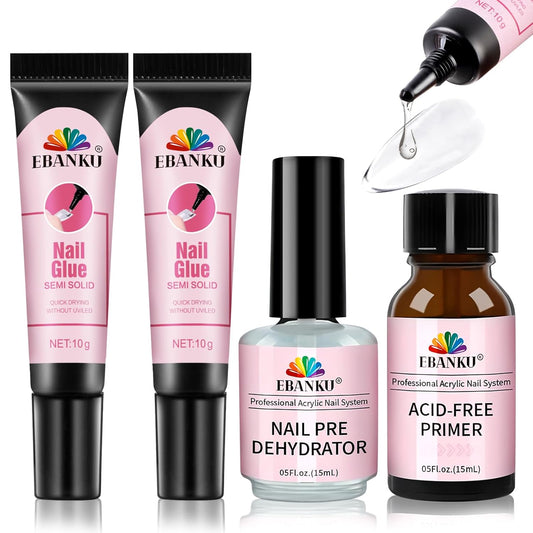 EBANKU 4PCS Solid Nail Glue Gel with Nail Dehydrator and Primer, Fast Dry Solid Semi Nail Glue No Uv Light Needed, Nail Prep Dehydrator & No Lift Nail Primer Nail Supplies for Long Lasting Nail Techs