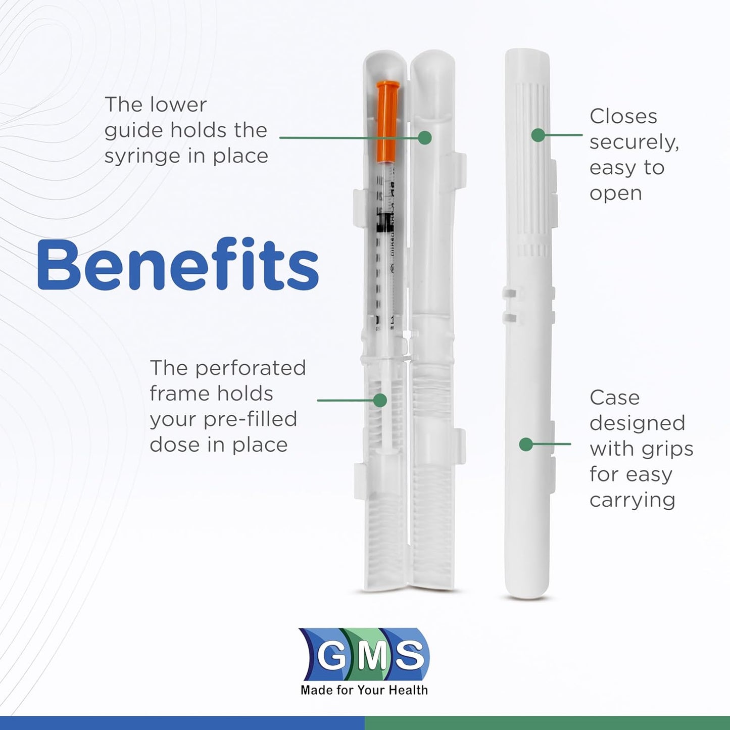 GMS 60 Unit Syringe Case - Holds New, Prefilled & Used Syringes with Needles - Small & Discreet - Ideal for Travel - Sharps Container - 2 Pack - Clear and White