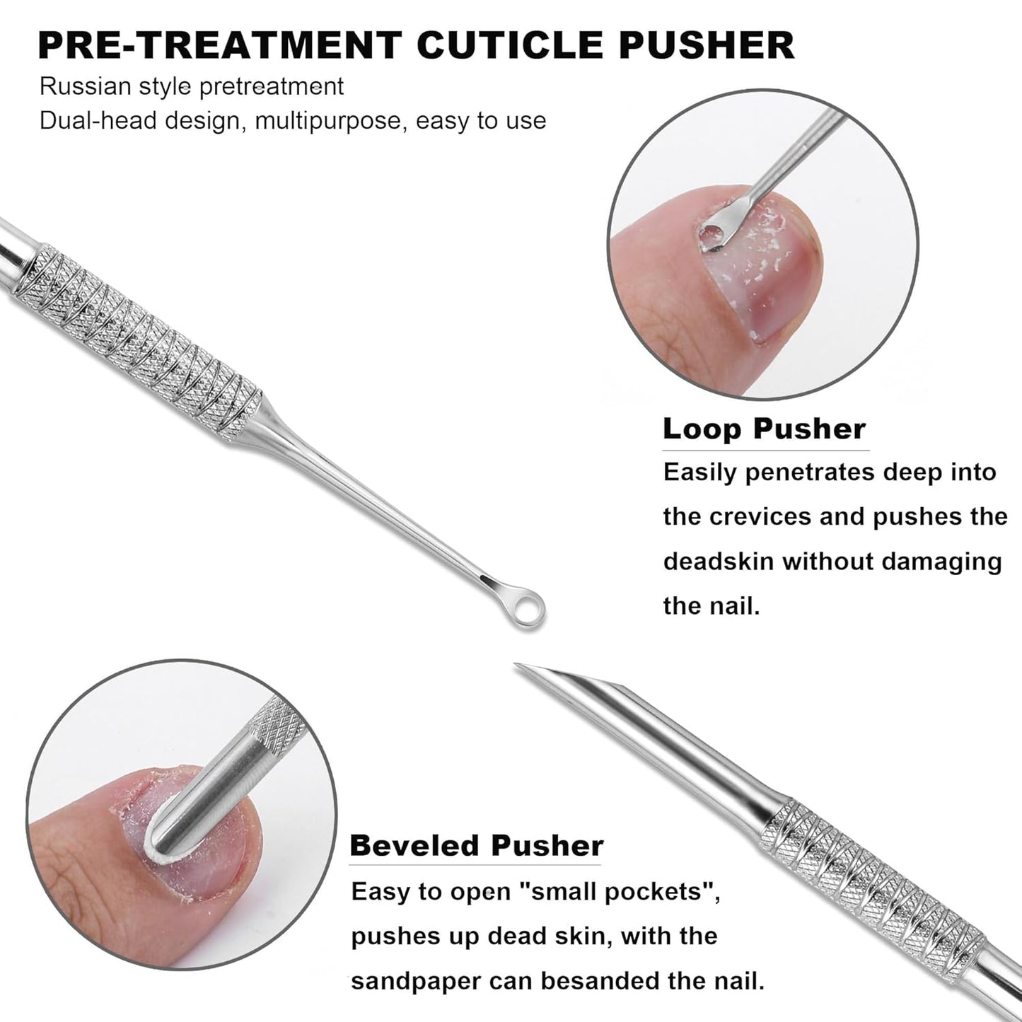 Pre-treatment Cuticle Pusher, Russian Prep Nail Pushers, Dual Ended Cuticle Remover with 100/180 Grit Sandpaper Sheets, Nail Care for Manicure Pedicure Nail Art