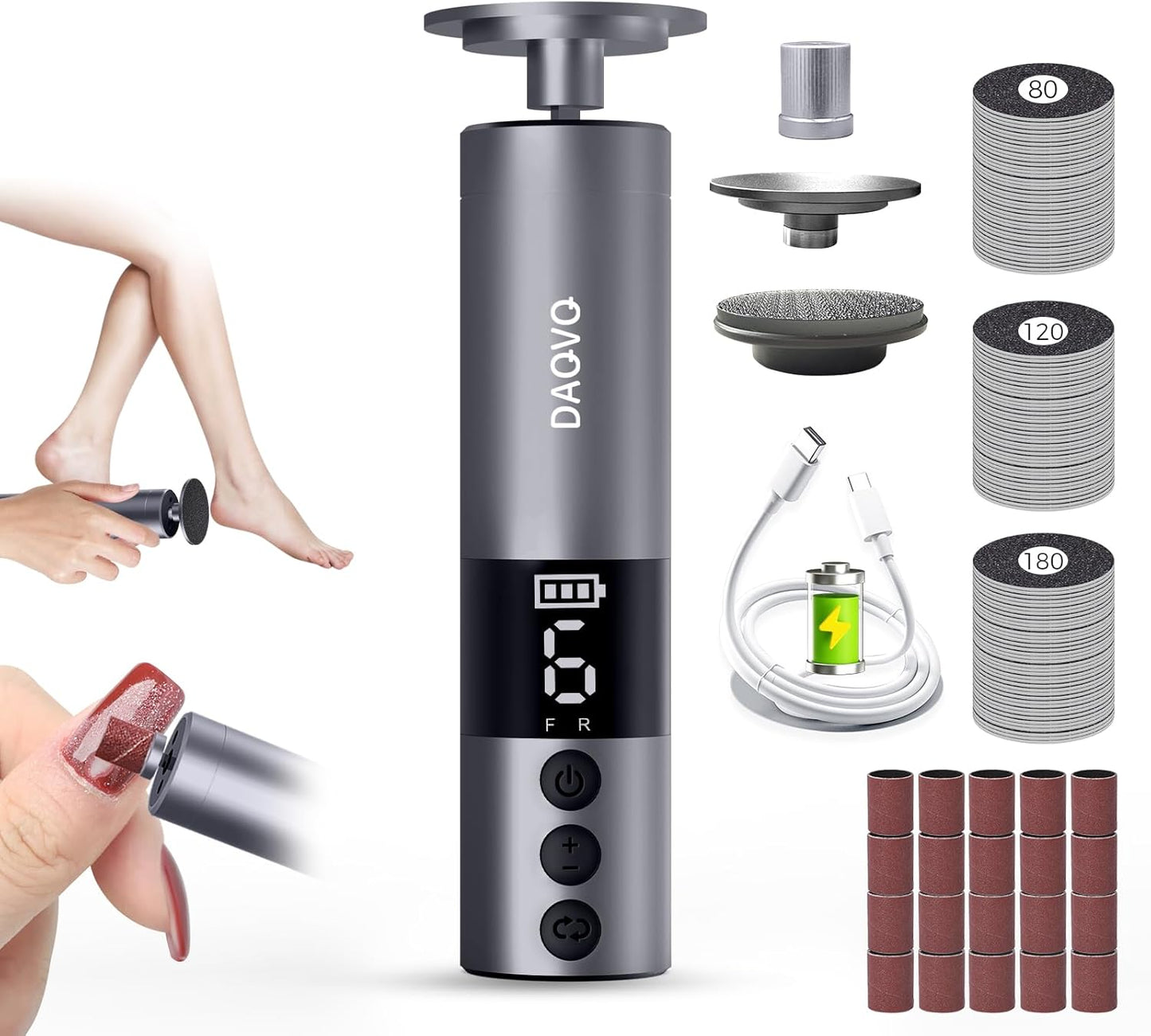 Electric Foot Callus Remover with Nano-Glass Head & 60pcs Sandpaper Discs(3 Sizes),2 in 1 Cordless Aluminum Callus Remover for Feet and Nail Care,Adjustable Speed Pedicure Tools for Dead Skin-Grey