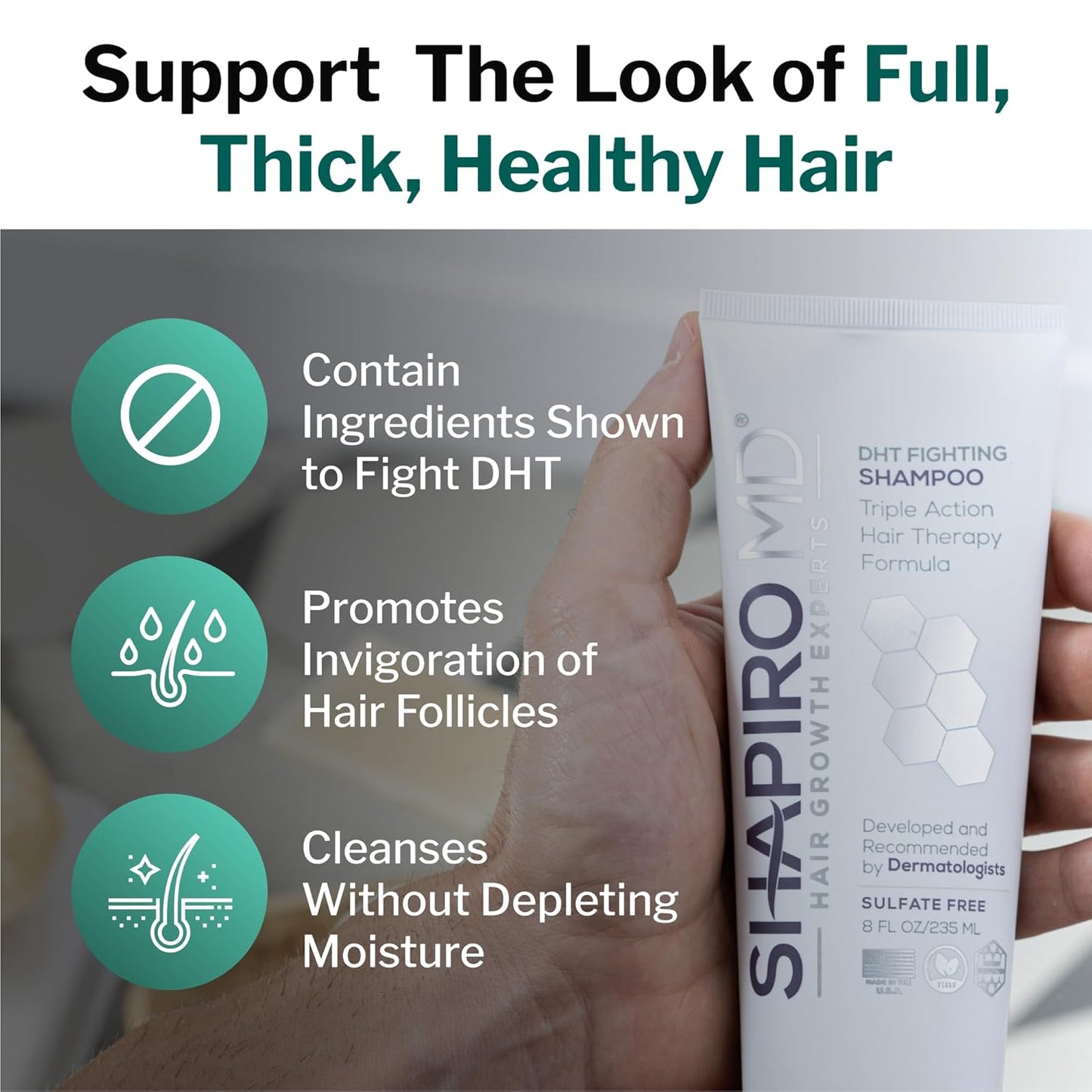Shapiro MD Hair Growth Experts Hair Loss Shampoo | DHT Fighting Vegan Formula for Thinning Hair Developed by Dermatologists | Experience Healthier, Fuller and Thicker Looking Hair | 1 Month Supply