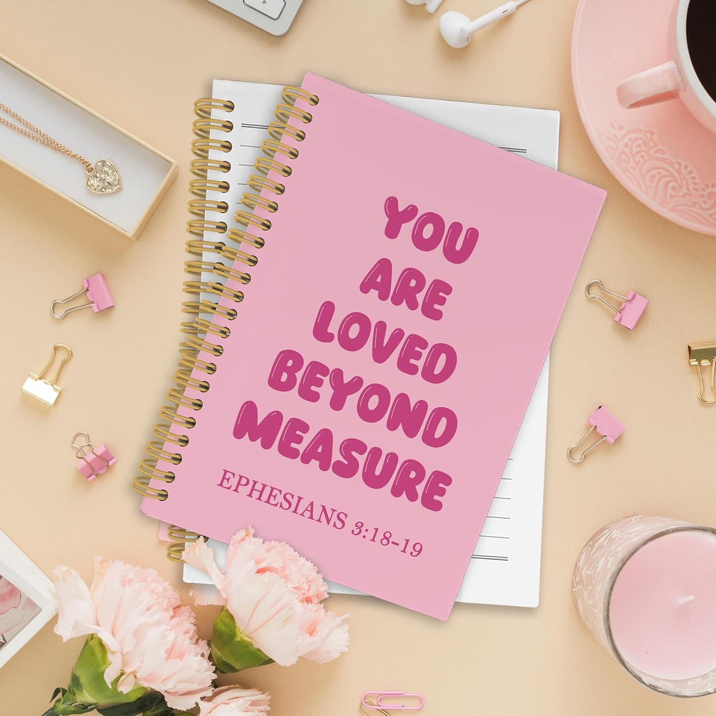 Pink Christian Spiral Notebook, Inspirational Religious Journaling Notebooks for Office School, Preppy Girly Hardcover Journals Gifts for Teen Girls Women Kids, 160 Pages 5.5 x 8.3 Inch