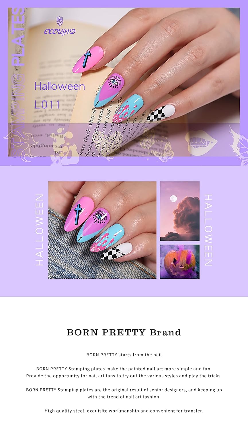 6 Pcs Halloween Nail Stamping Plate Skull Bat Witch Spider Web Halloween Nail Stamper Kit Pumpkin Grimace Blood Design Nail Template Decoration