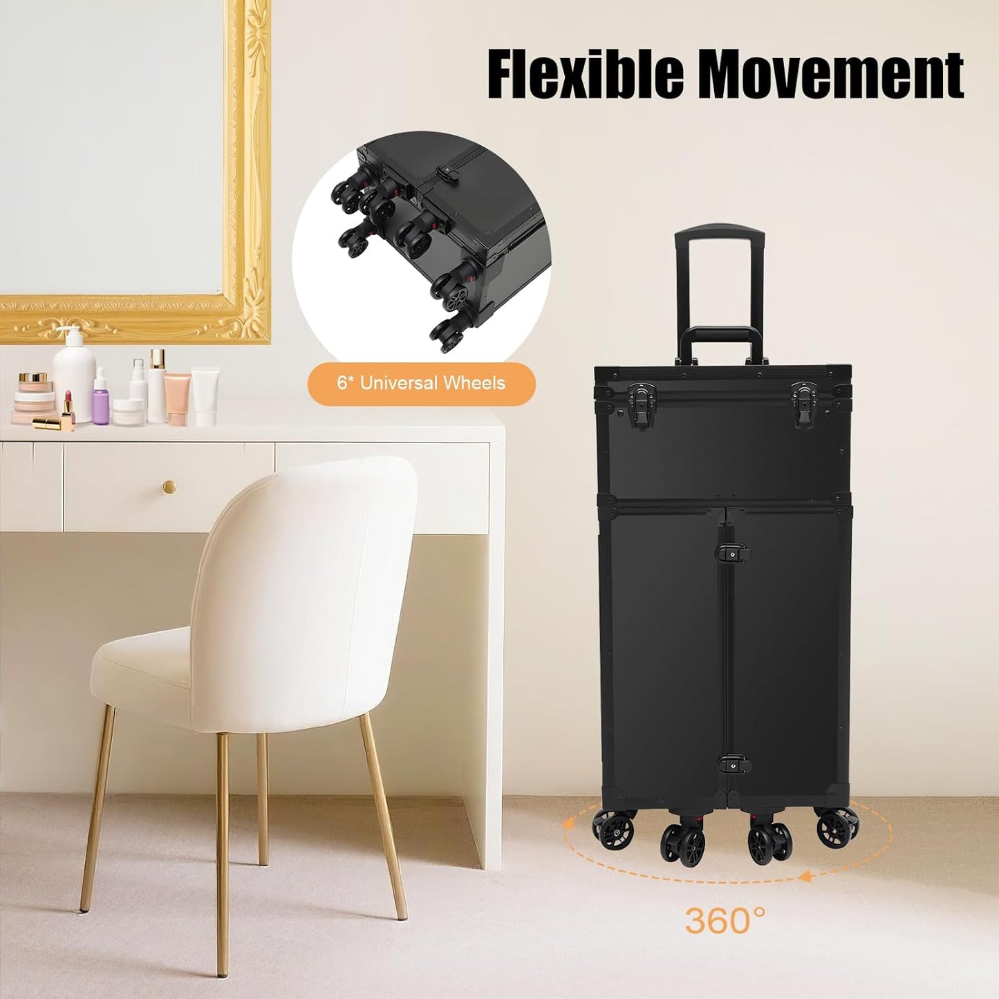 44.09lbs Lockable Makeup Train Case,Rolling Hairdressing Trolley,Beauty Salon Cosmetic Luggage with Universal Wheels for Hair Stylist,Make-up Artists (Black 8)