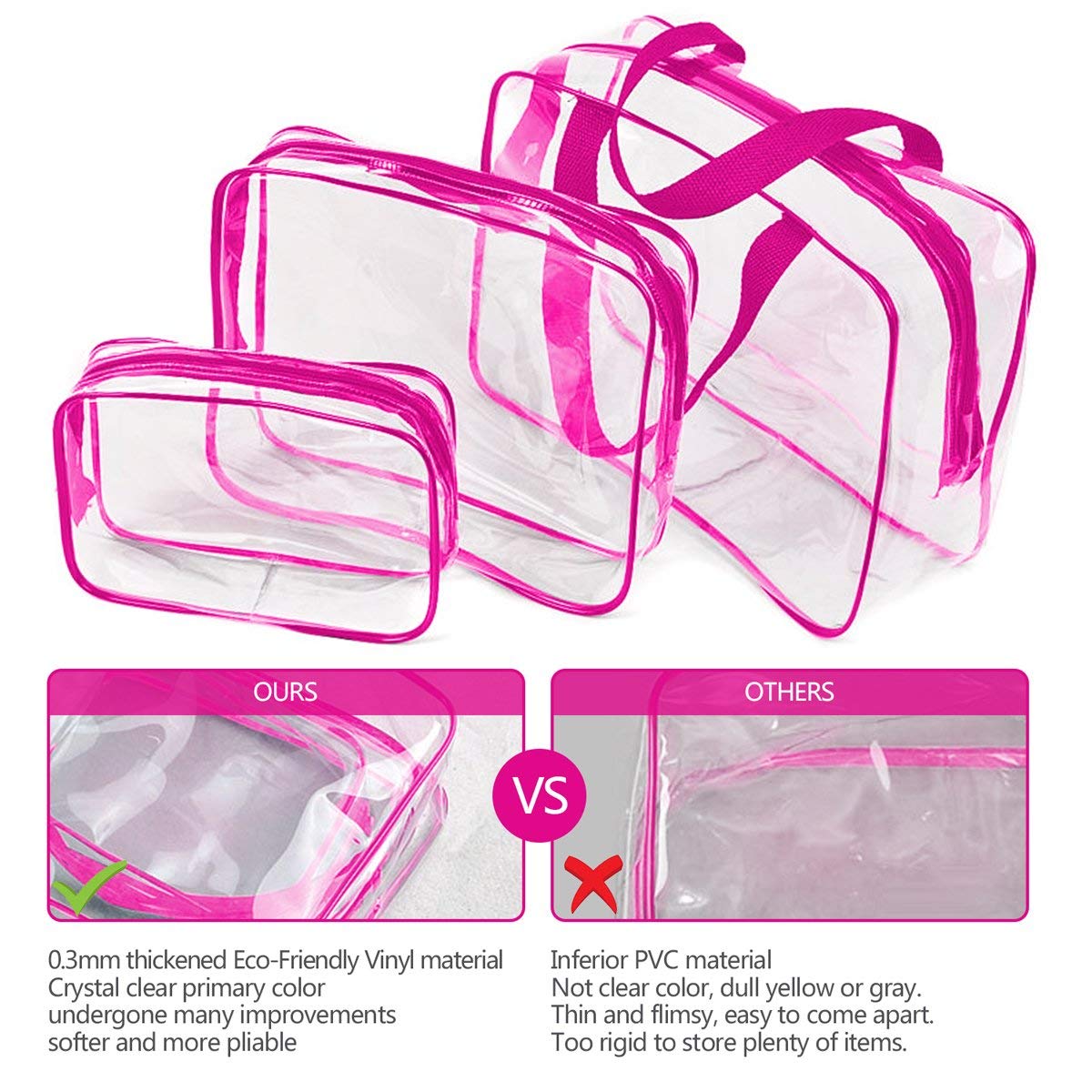 5Pcs Crystal Clear PVC Travel Toiletry Bag Kit for Women Men, Waterproof Vinyl Packing Organizer Storage Bags with Zipper Handle Straps, Cosmetic Pouch Carry on Airport Airline Compliant Bag Handbag