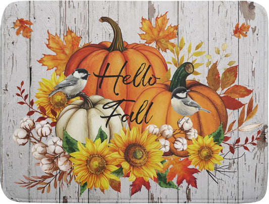 Hello Fall Dish Drying Mat for Kitchen Counter 18x24 Inch Orange Pumpkin Absorbent Drying Pad with Hanging Loop Autumn Home Decoration