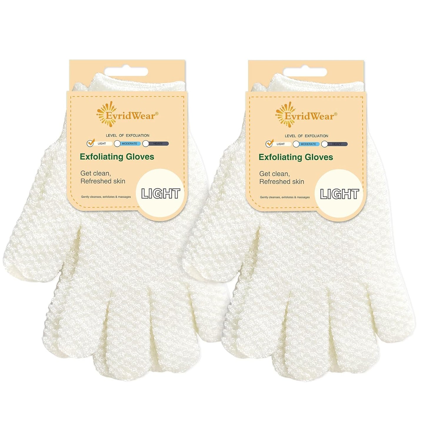 Evridwear Exfoliating Dual Texture Bath Gloves for Shower, Spa, Massage and Body Scrubs, Dead Skin Cell Remover, Gloves with Hanging Loop (2 Pairs Light)