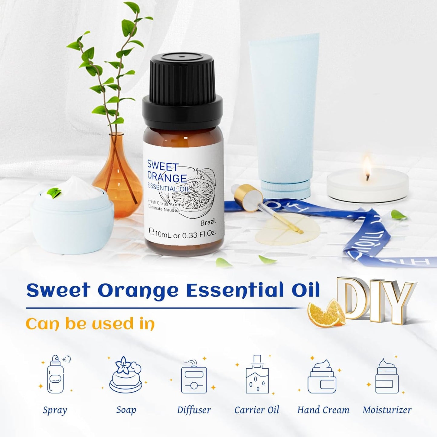 HIQILI Sweet Orange Essential Oil,100% Pure Natural for Diffuser, Aromatherapy-10ml
