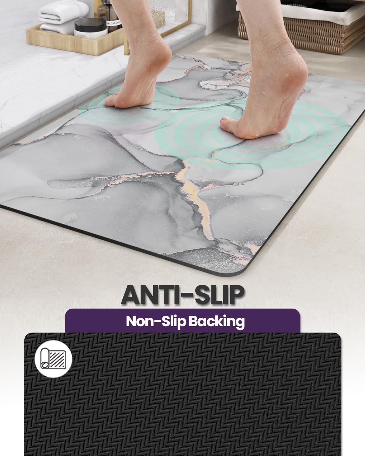 DEXI Bathroom Mat Ultra Thin, Non Slip Bath Rug for Shower Floor, Absorbent Quick Dry Marble Bathmats Low Profile, 17x32, Light Grey