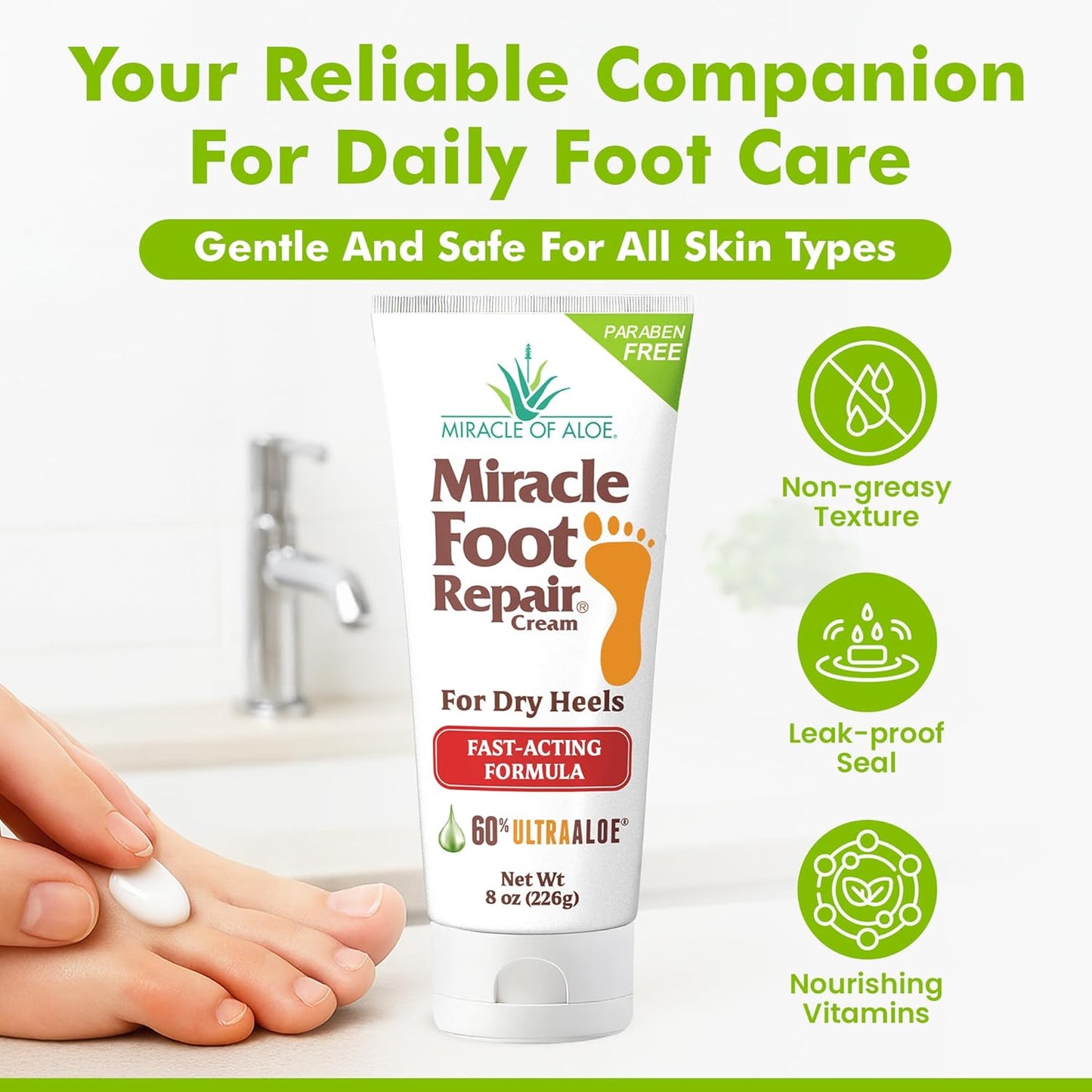 Miracle Foot Repair Cream (8 oz / 3-Pack) Repairs Dry Cracked Heels and Feet, 60% Pure UltraAloe Moisturizes, Softens, and Repairs