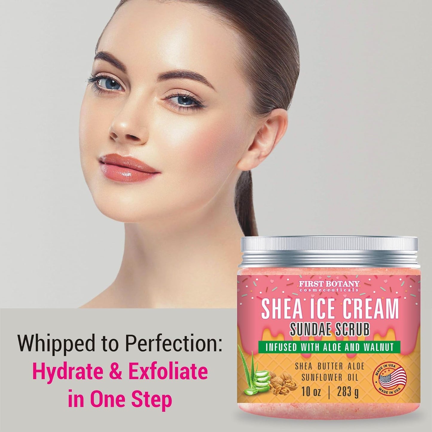 First Botany Body Scrub - Natural Exfoliating Salt Scrub & Body and Face Souffle helps with Moisturizing Skin, Acne, Cellulite, Dead Skin Scars, Wrinkles (10 fl oz, Shea Icecream)