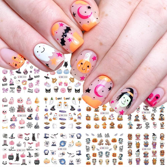 Halloween Nail Decals - Cute Cartoon Water Transfer Foil for Women - Pink Pumpkin Ghost Skeleton Witch Bat Designs - DIY Nail Art Decor - 12Pcs