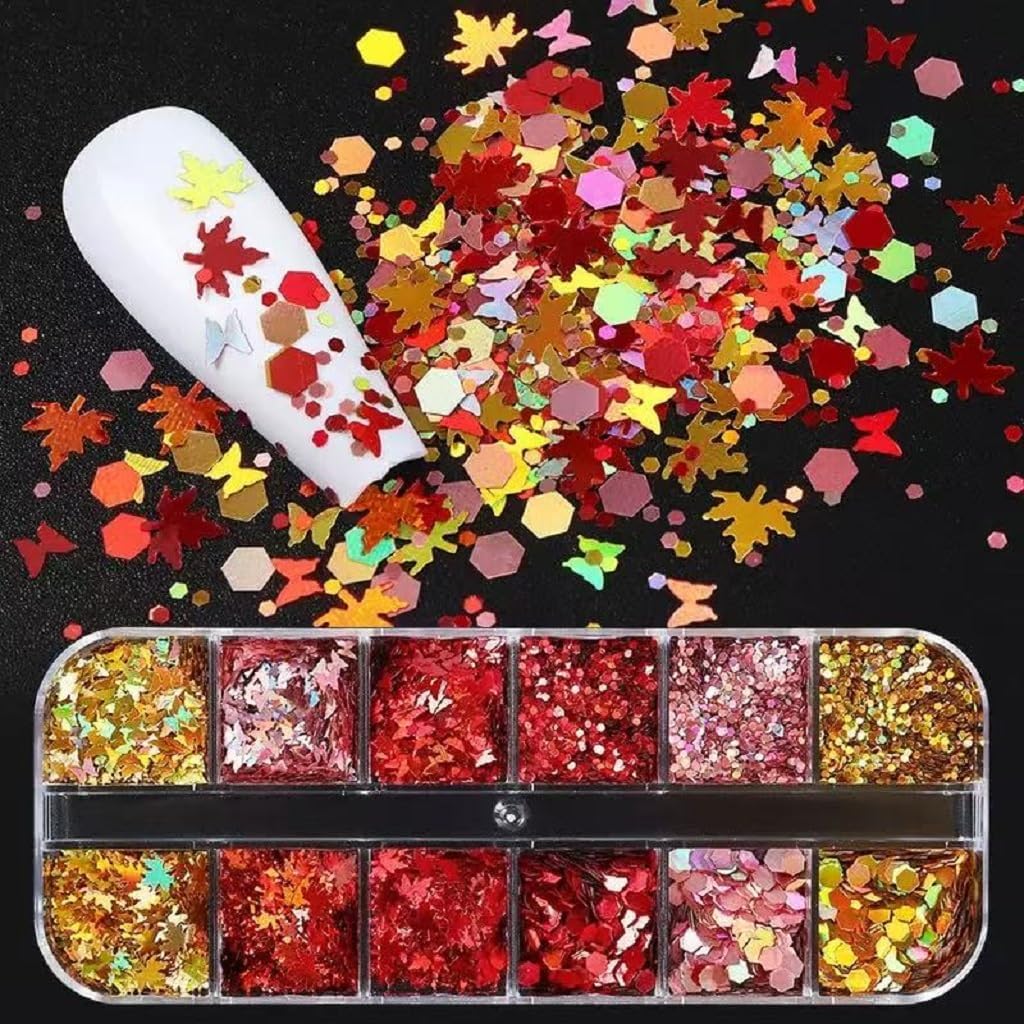 3 Boxes Fall Nail Art Sequins Thanksgiving Day 3D Holographic Gold Red Maple Leaf Nail Glitter Sequins Autumn Nail Supplies Decoration for Women DIY Manicure (36 Grids)