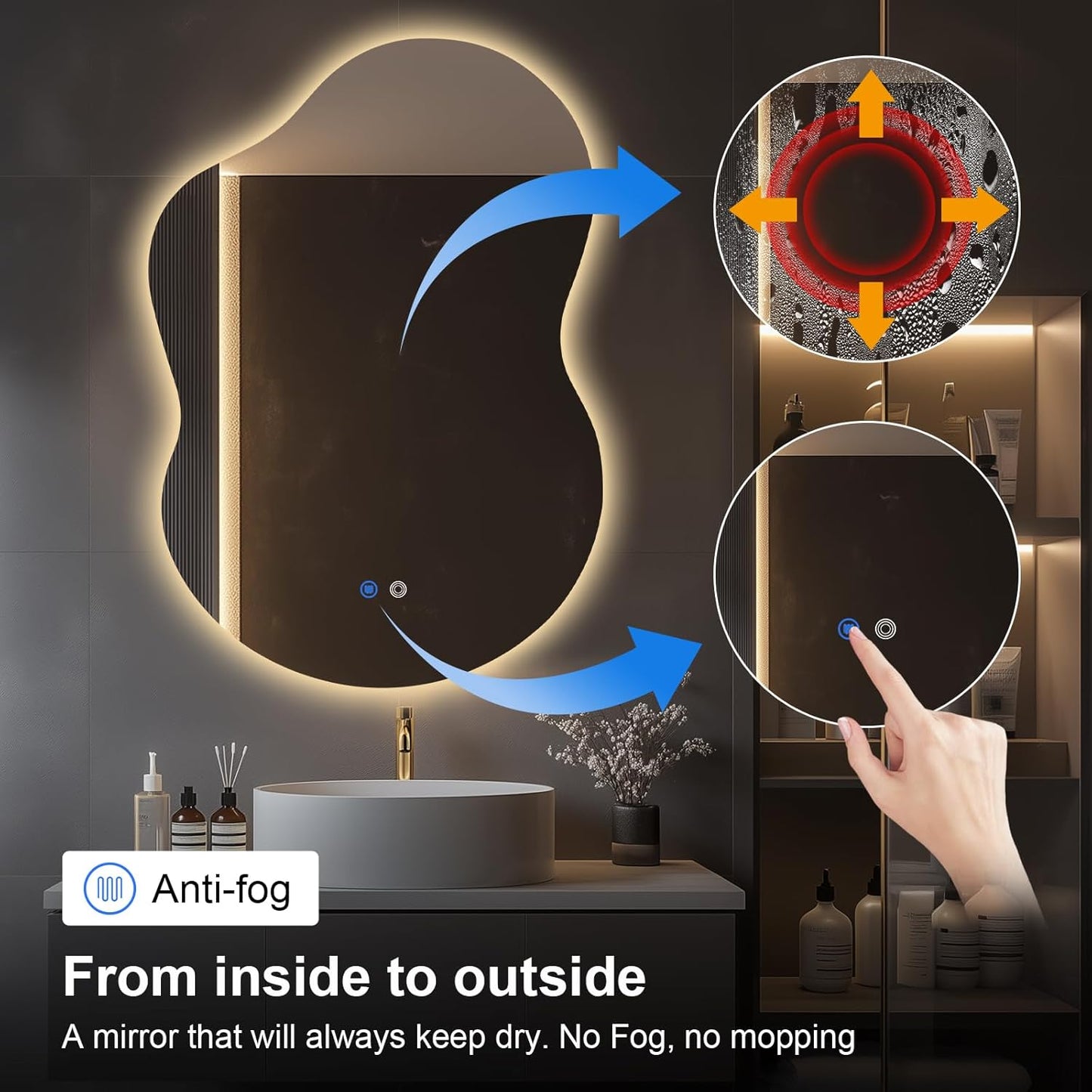 40"x30" Asymmetrical LED Bathroom Wall Mirror with Dual Lighting, Anti-Fog Pad, Dimmable Brightness & 3 Color Temperatures [Horizontal/Vertical]