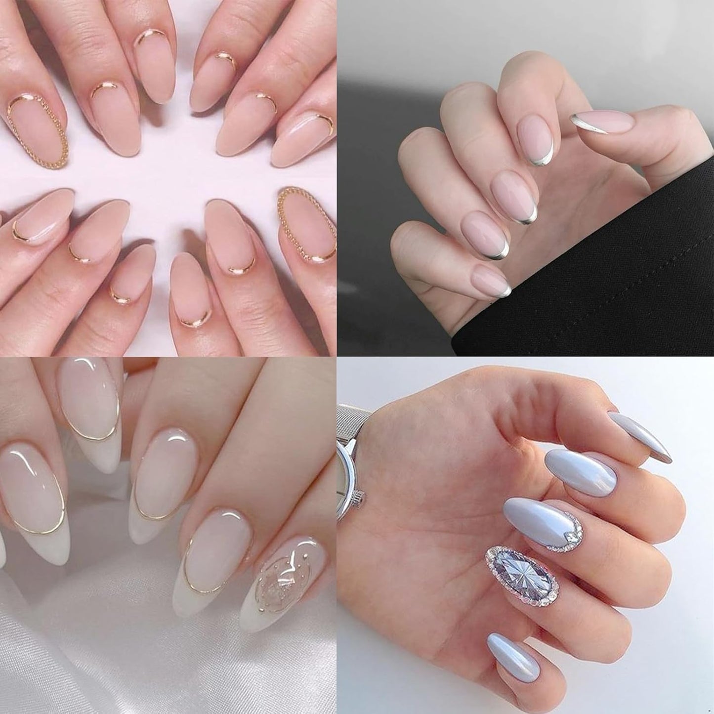 2 Sheets French Tips Nail Art Stickers - 5D Holographic French Simple Gold Silver Line Nail Stickers with Crystal Diamond Design Nail Decals for Women Manicure Decorations