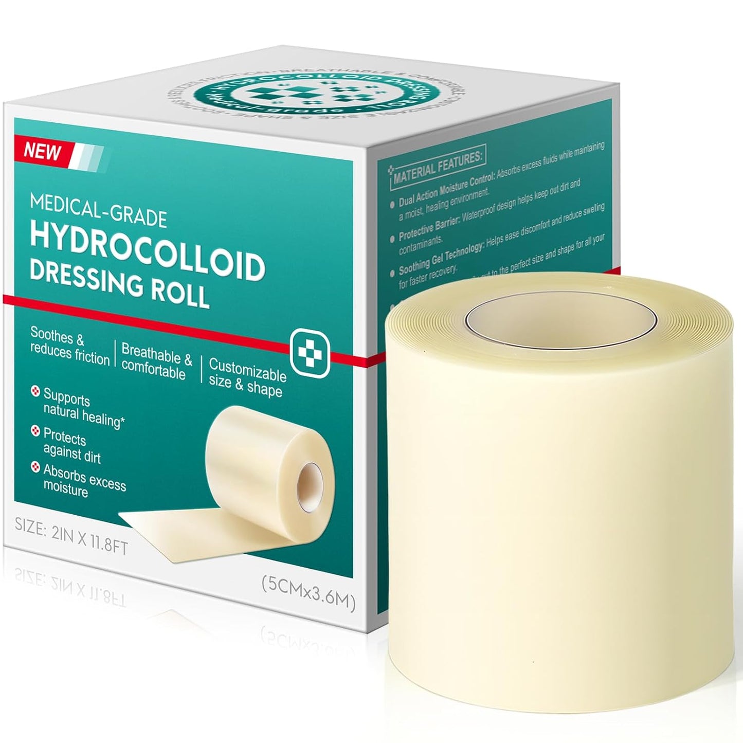 Hydrocolloid Roll 2in*11.8ft, Hydrocolloid Bandages for Wound Care, Flexible & Waterproof Cuttable Hydrocolloid Dressing Roll with Self-Adhesive