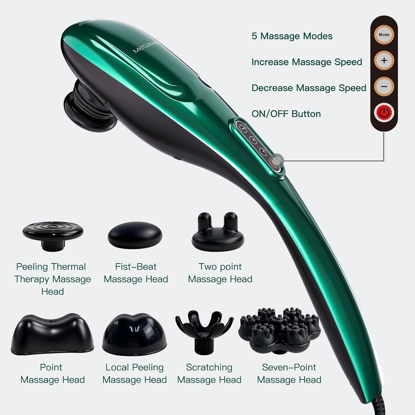 Handheld Back Massager | Deep Tissue Percussion Massage for Back, Neck, Shoulders, Waist and Legs (dark green)