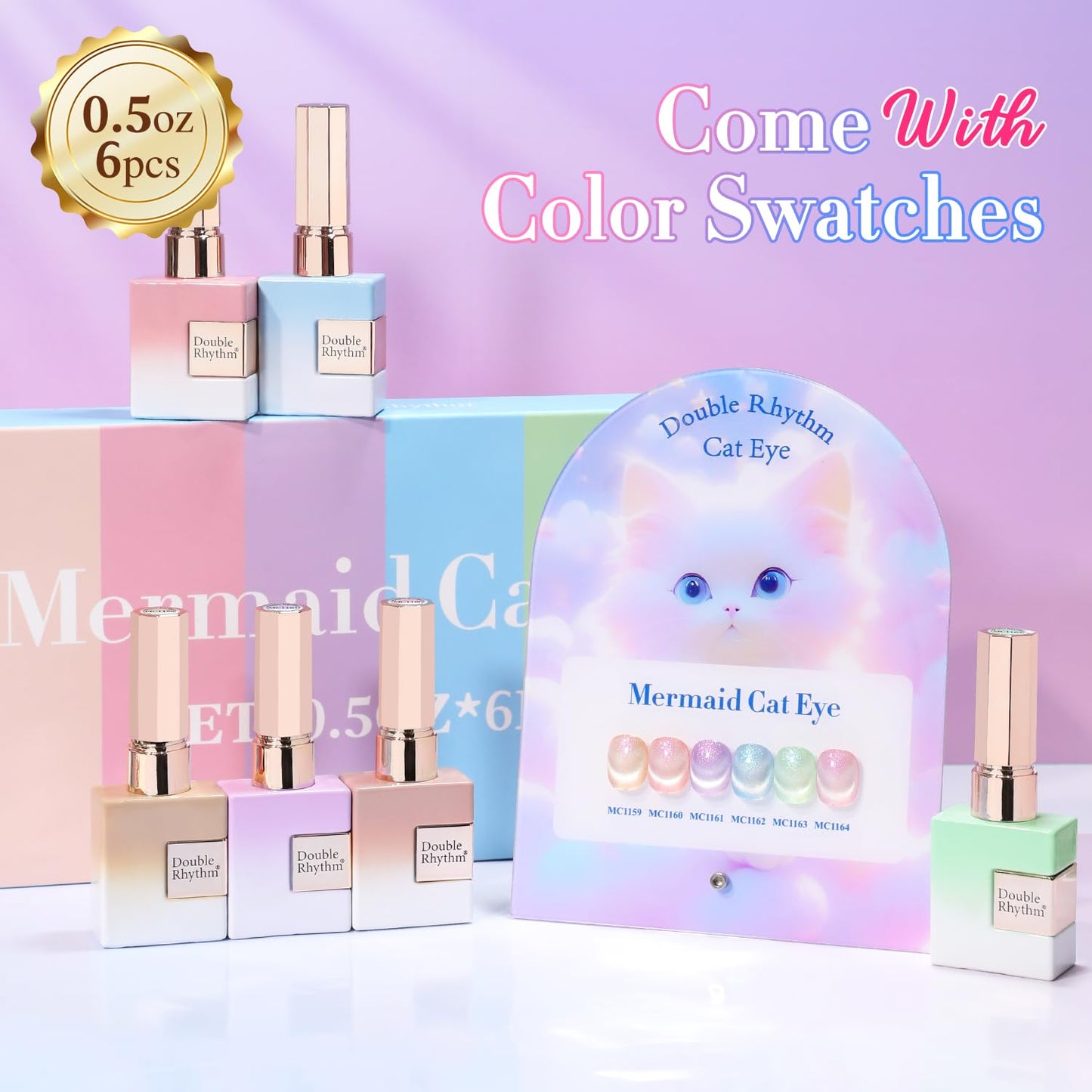 Double Rhythm Cat Eye Gel Nail Polish Set of 6 Same Color Same Bottle 0.5 Oz Shimmer Glitter with Magnet Holographic Reflective Magnetic UV Nail Polish Kit at Home (Nude Pink Green Purple-T6-29)