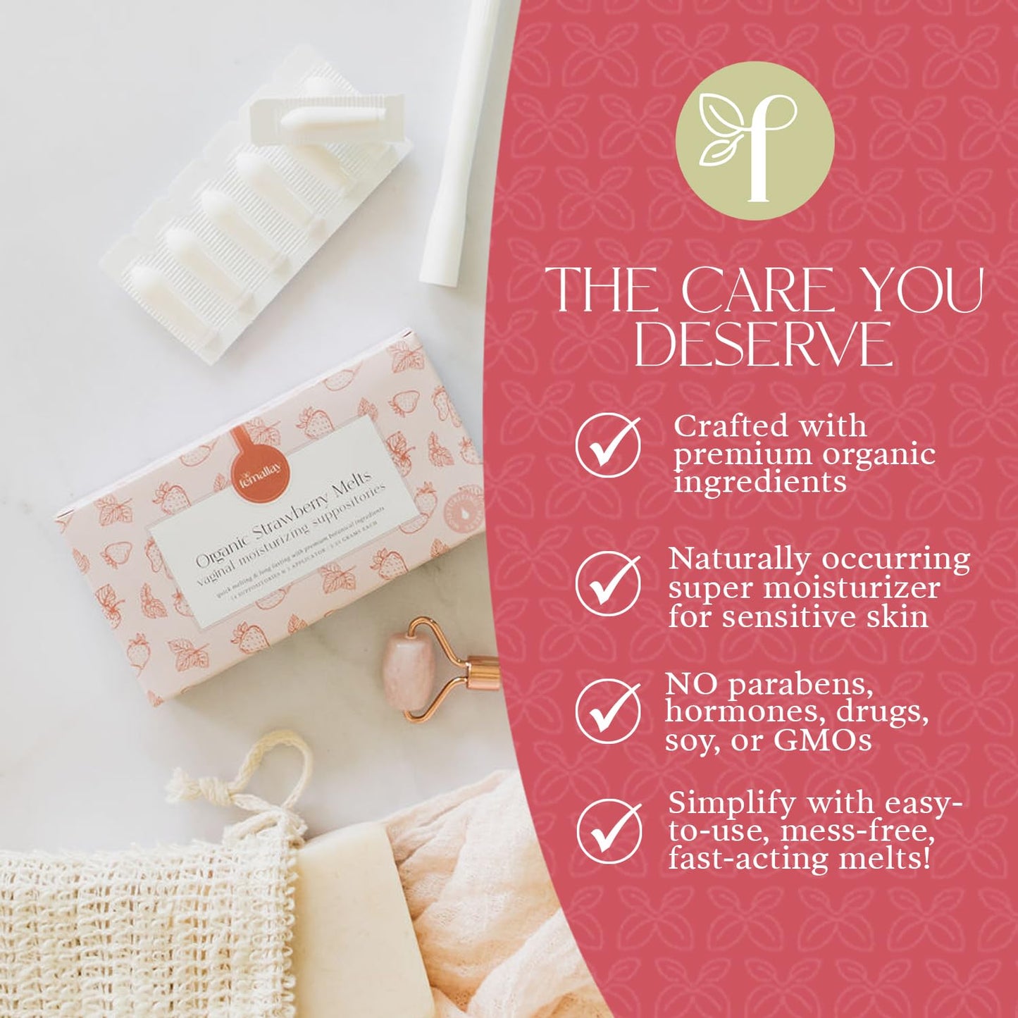 Femallay Organic Vaginal Moisturizing Suppositories – Strawberry 2 Pack – 100% Natural Relief for Dryness, Odor & Daily Feminine Discomfort – 14 Count + Applicator