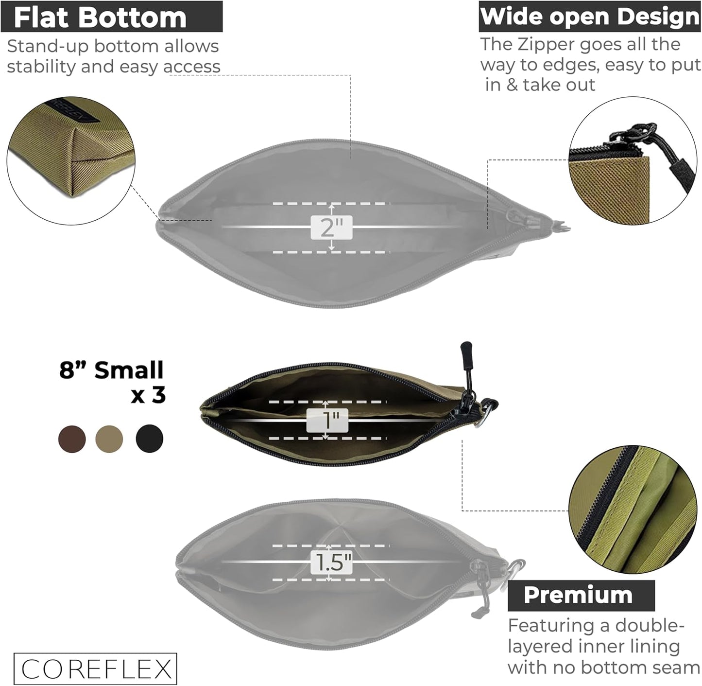 COREFLEX Premium Tool Pouch Zipper Bag, Small Tool Bag, Multipurpose Storage pouch, Heavy duty Flat Bottom Tool bag with YKK Zipper (3 pack Small 8inch)