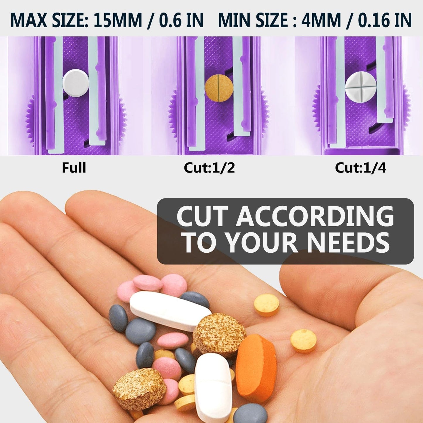 JohnBee Pill Cutter Splitter for Small and Tiny Pills. Adjustable Pill Splitter Accurately Cuts Multiple Pills at Once. Sharp Blade with Safety Guard. Non-Slip Silicone Edge (Dark Purple)