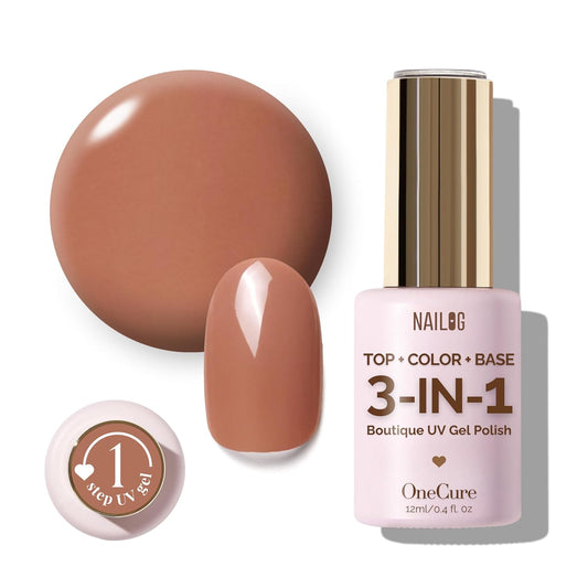 NAILOG One Step Brown Gel Nail Polish 12ml Top Coat Color Gel Base 3-In-1 Formula Soak Off UV Gel Polish for Home DIY & Gifting | Brown Sugar