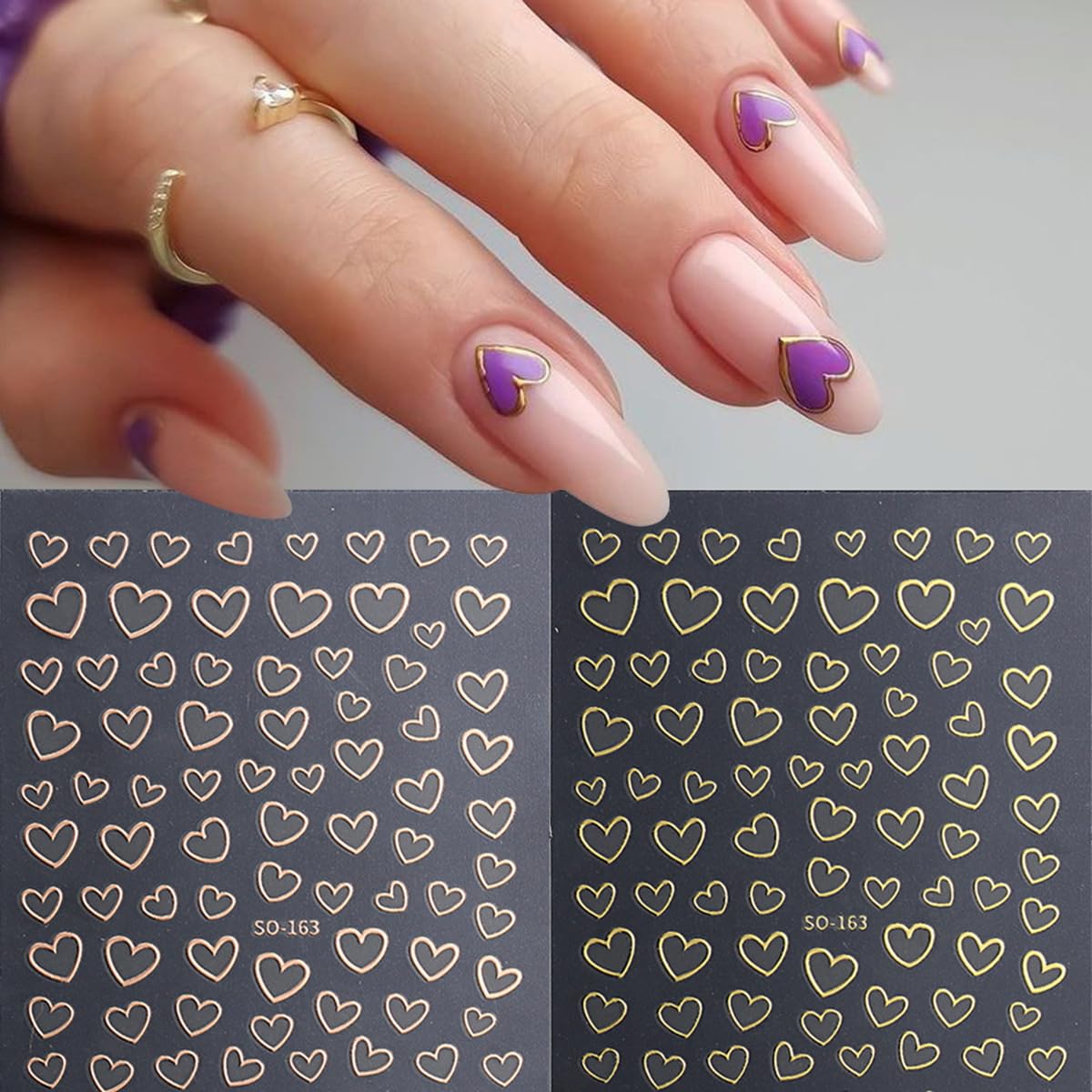 Valentines Day Nail Decals - 8 Sheets 3D Metallic Heart Charms Gold Silver Nail Art Stickers for Women DIY Manicure