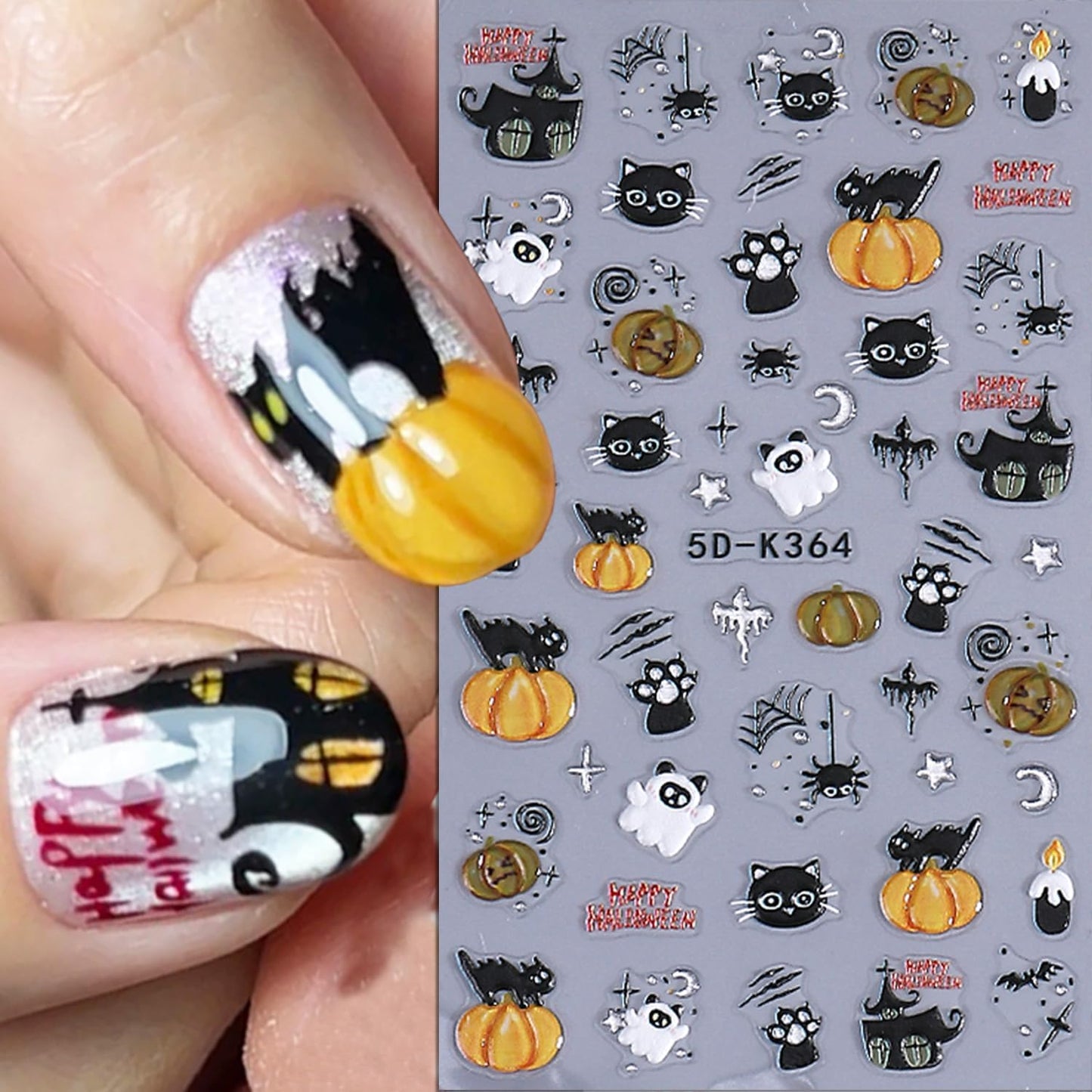 2 Sheets Halloween Nail Stickers for Nail Art 5D Spider Web Nail Art Stickers Embossed Ghost Pumpkin Nail Decals Self-Adhesive Horror Black Cat Nail Design Decals for Women Party Nails Supplies