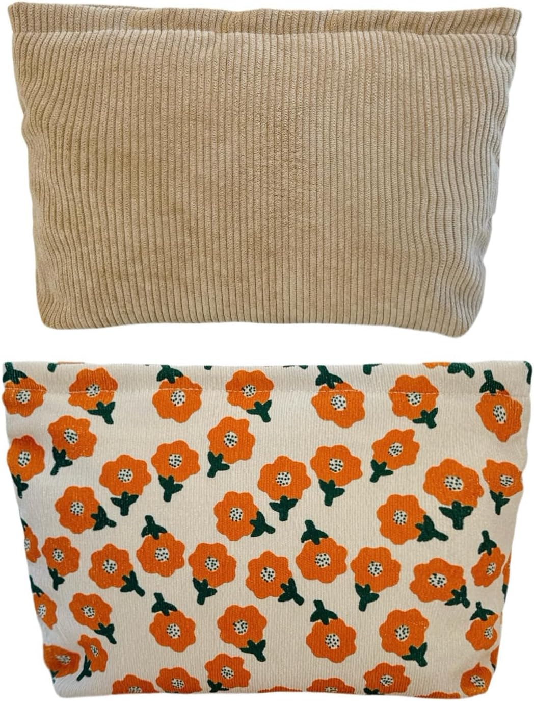 2 large makeup bags Women's Corduroy Canvas Makeup Bag, Travel Makeup Bag, Wallet Organizer, Khaki and Orange Flower Pattern