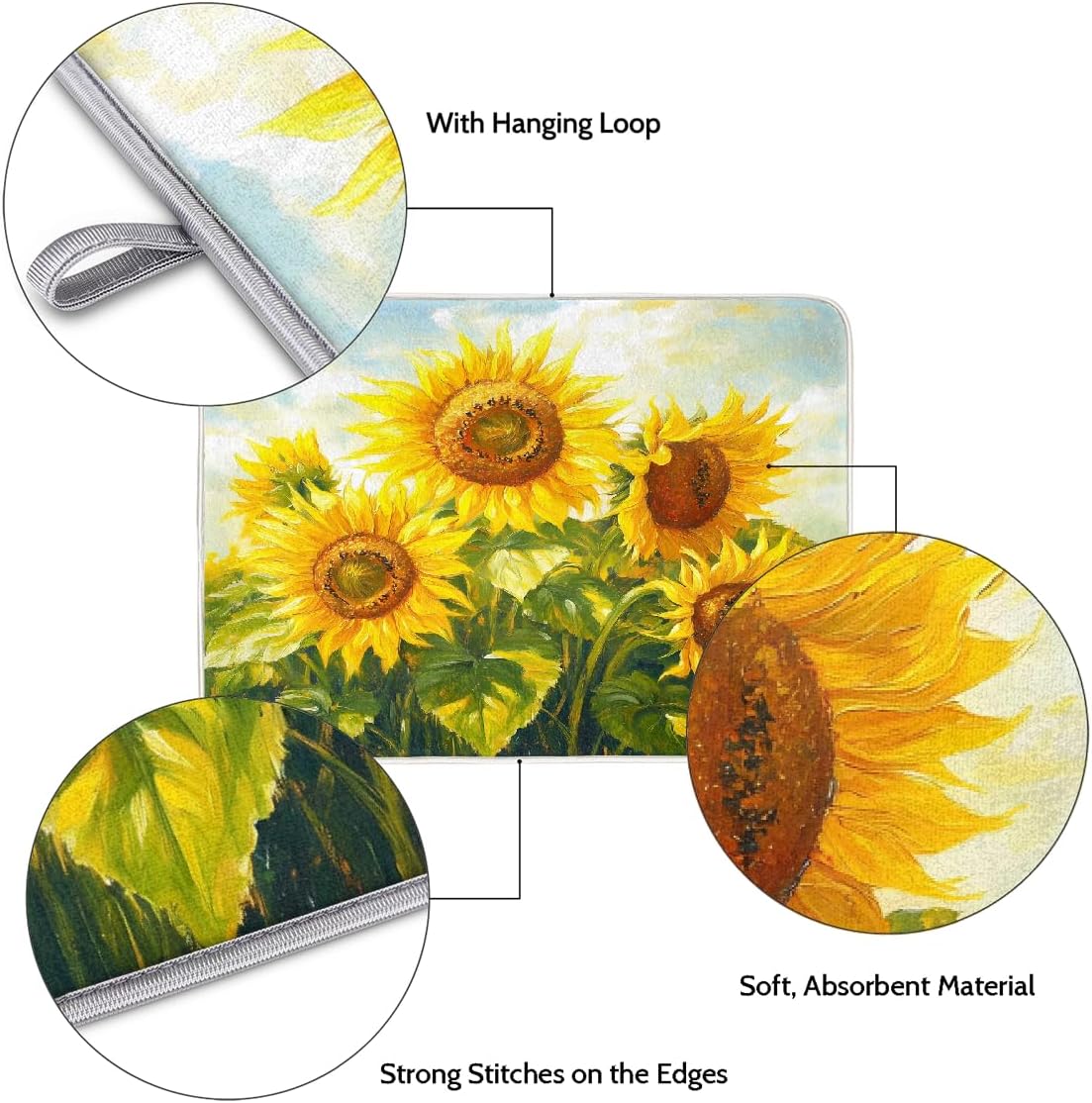 Dish Drying Mat Oil Painting Yellow Sunflowrs Large Drying Mat for Kitchen Counter 18x24in Absorbent Dish Drainer Rack Pad, Heat Resistant Coffee Bar Mats Countertop Protector