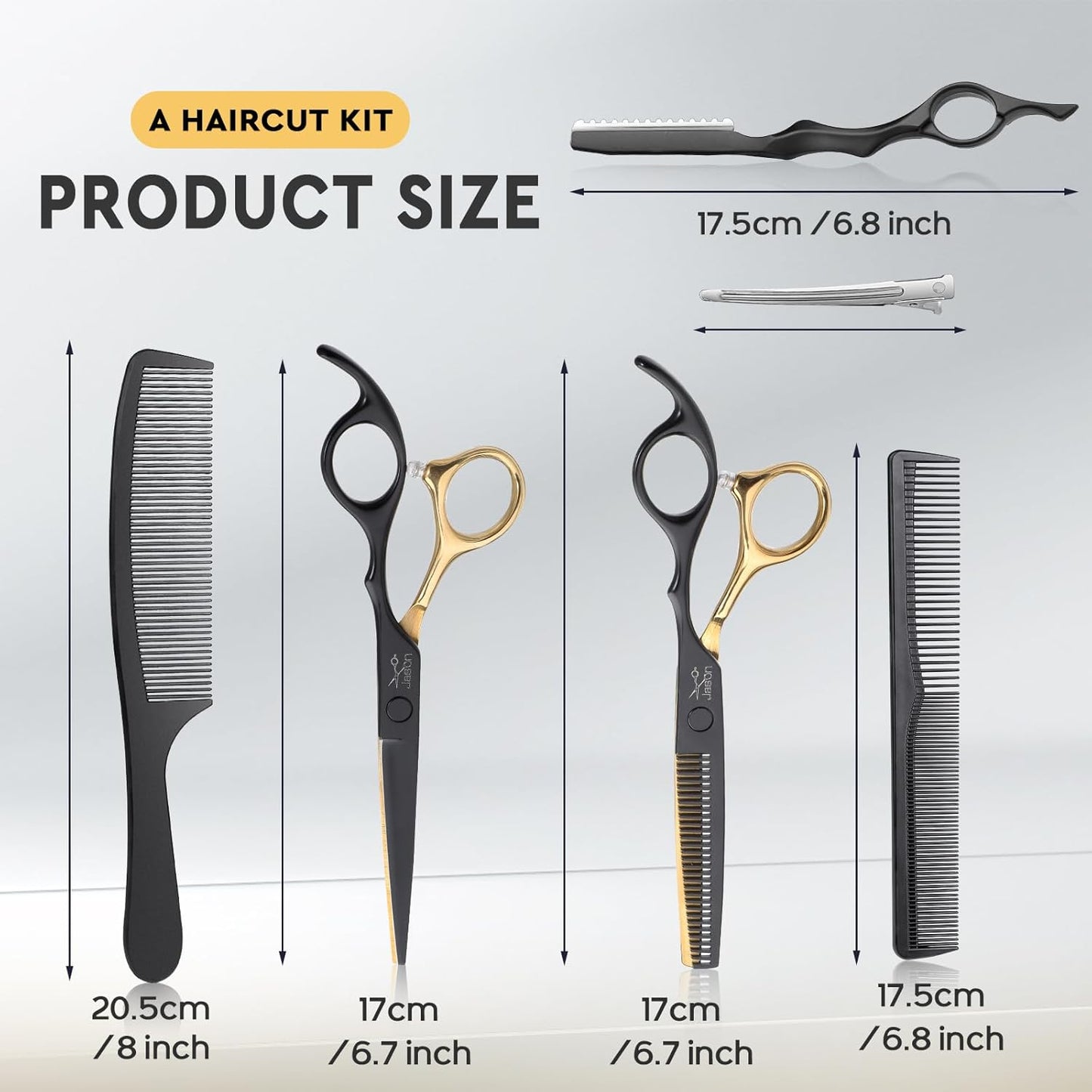 JASON Professional 10-Piece Haircut Scissors Set - 6.5" Thinning/Texturizing Scissors, Straight Shears for Men, Women & Home Salon (30 Teeth, Black & Gold)