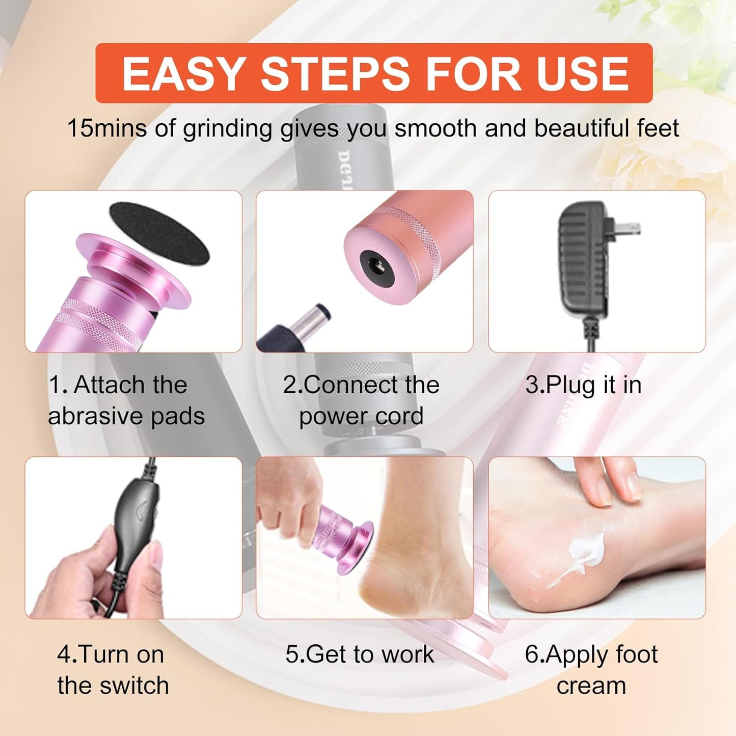 PowerPro Electric Foot Callus Remover 36W Professional 1200rpm Adjustable Speed Metal Feet Grinder Automatic Heel Sander with 60pcs Replacement Sandpaper Discs for Home Use (Pink)