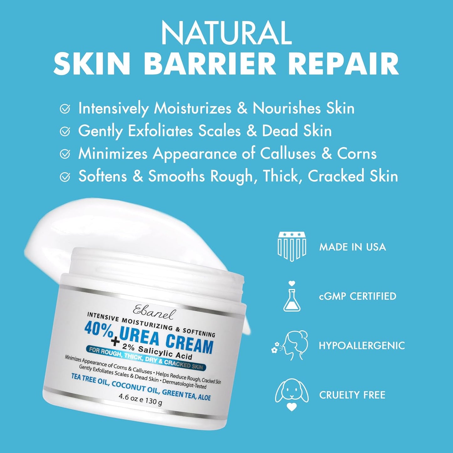 Ebanel Urea Cream 40% plus Salicylic Acid 2%, Foot Cream for Dry Cracked Heels Feet Knees Elbows Hands, Foot Dead Skin Cuticle Callus Remover Toenail Softener, Keratolytic Skin Barrier Repair, 3-Pack