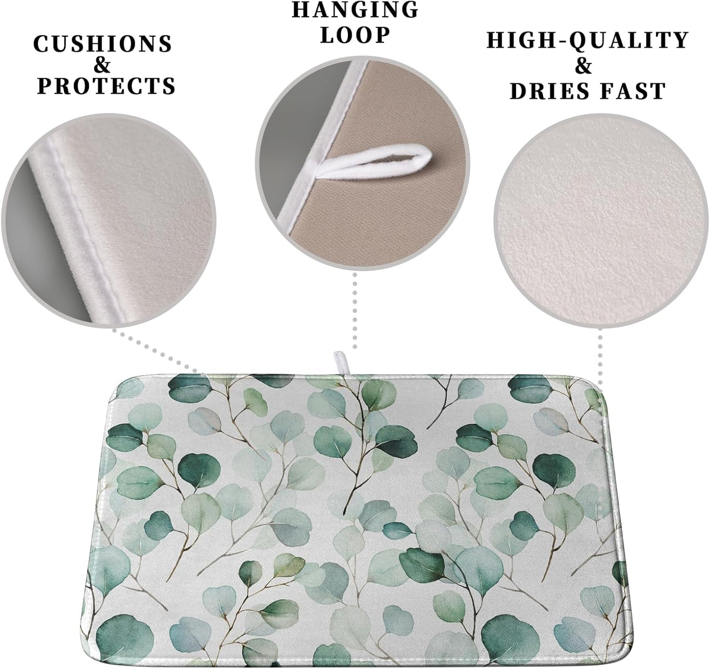 Green Leaves Dish Drying Mat Eucalyptus Leaf Branch Plant Drying Mats Absorbent Reversible Microfiber Kitchen Counter Mat Reusable Washable Dishes Drainer Mats Extra Large 18x24 Inch