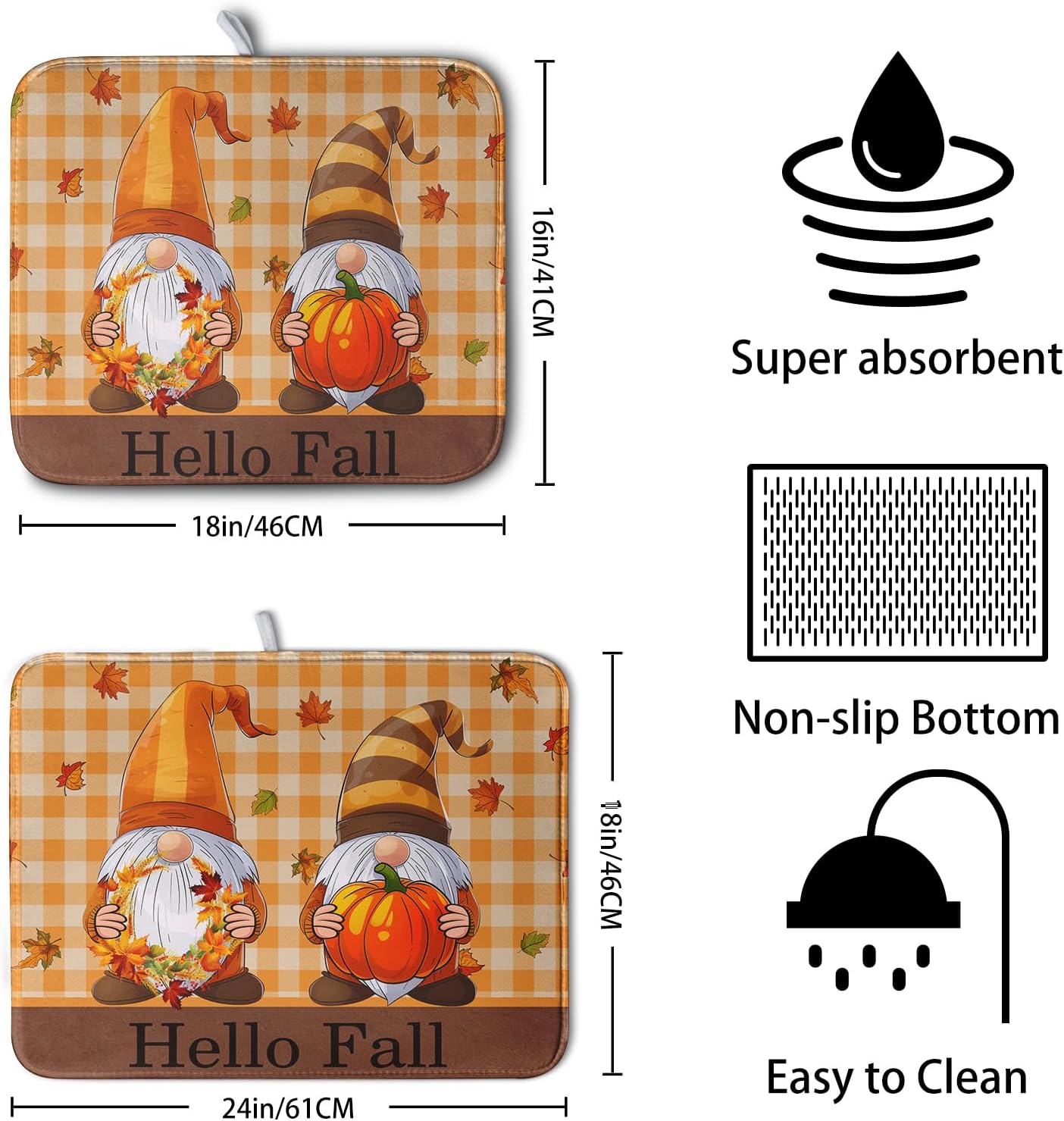 Hello Fall Autumn Gnomes Dish Drying Mat 16x18 Thanksgiving Pumpkin Maple Leaves Harvest Kitchen Drying Mat Orange White Buffalo Plaid Dish Drainer Mat Ultra Absorbent Dish Rack Pad for Coffee Bar