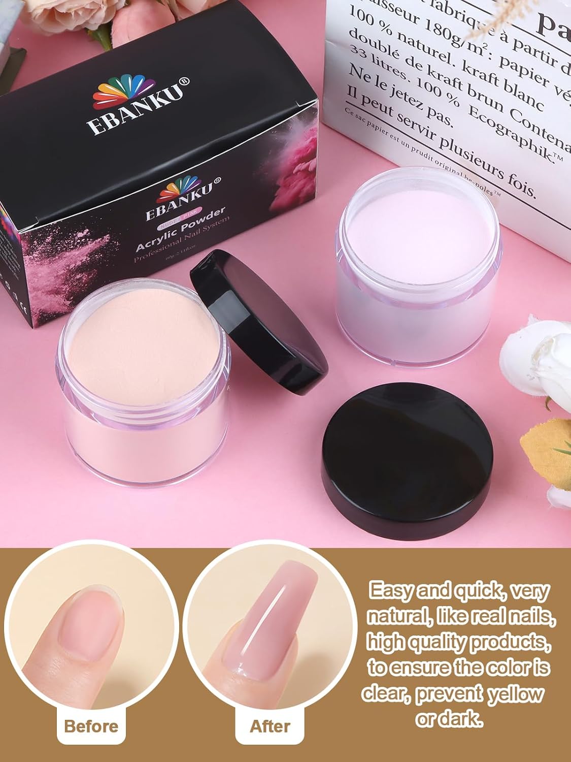 EBANKU Nude Pink Acrylic Powder, 2 * 60g/2.1oz Acrylic Powder Large Capacity Professional Acrylic Nail Powder for Nail Acrylic Extension, Nail Carving, Long-Lasting, No Nail Lamp Needed
