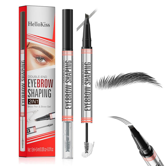 4-Fork Tip Microblading Eyebrow Pen With Brow Gel - 2-in-1 Waterproof Eyebrow Pencil, Long-Lasting Natural Hair-Like Brows, Smudge-Proof & Easy to Use (With Brow Gel 04#Black)