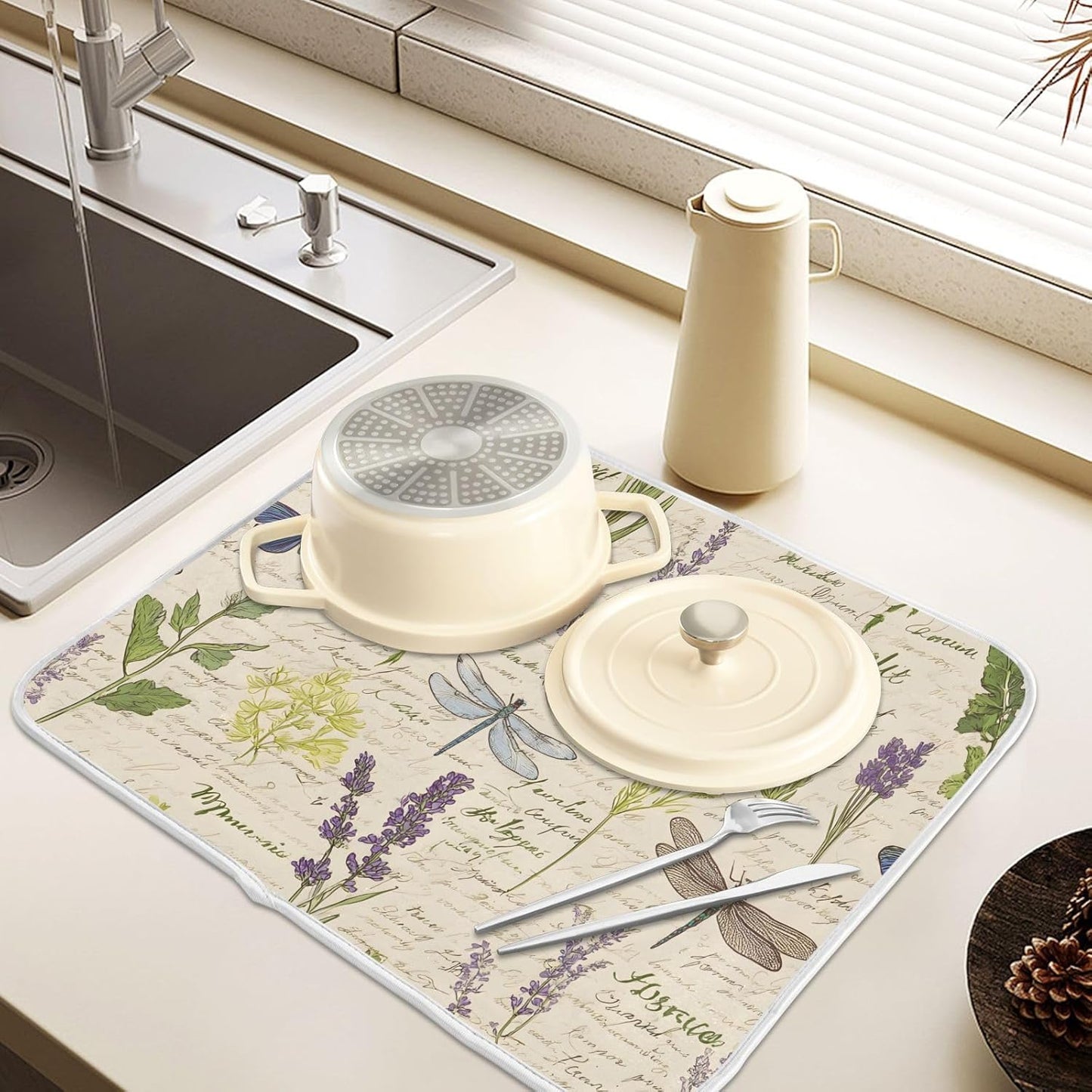 Handwritten Dragonfly Butterfly Dish Drying Mats for Kitchen Counter, 18x24 inch Drying Dishes Absorbent Microfiber Dish Drainer Mat Rack Pad Fast Dry