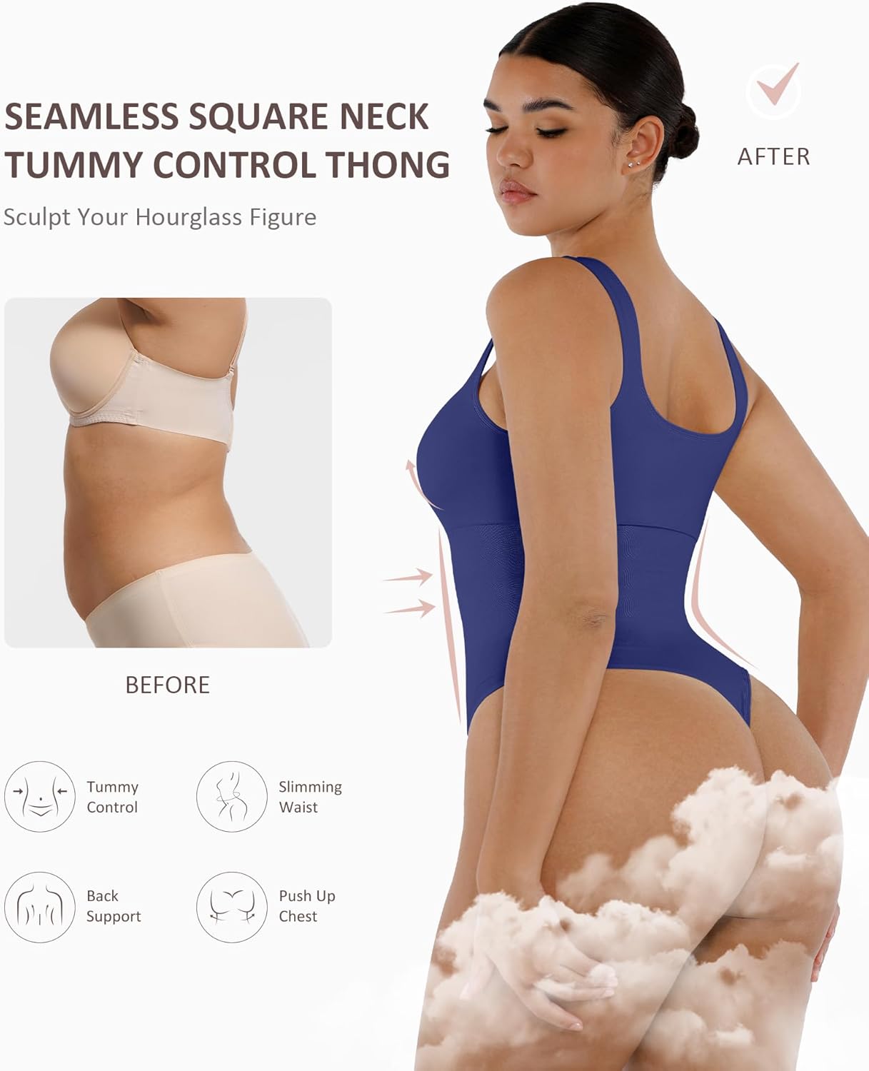 FeelinGirl Bodysuits for Women Seamless Square Neck Tummy Control Compression Thong Shapewear Bodysuit Tank Tops Bodysuit