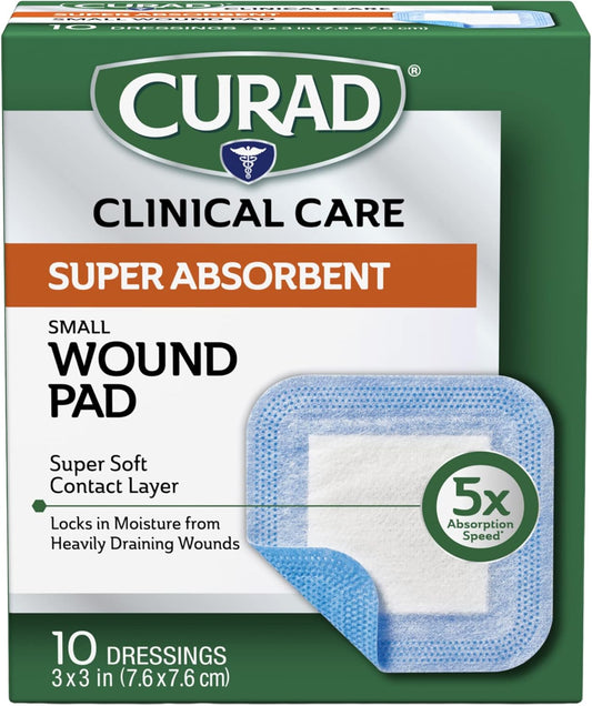 Curad Super Absorbent Wound Pad, Non Adhesive Gauze Pad for Wound Care, Water-Repellent Bandage for Wounds, Wound Care and Dressing Supplies, Small, 3"x3", 10 Count