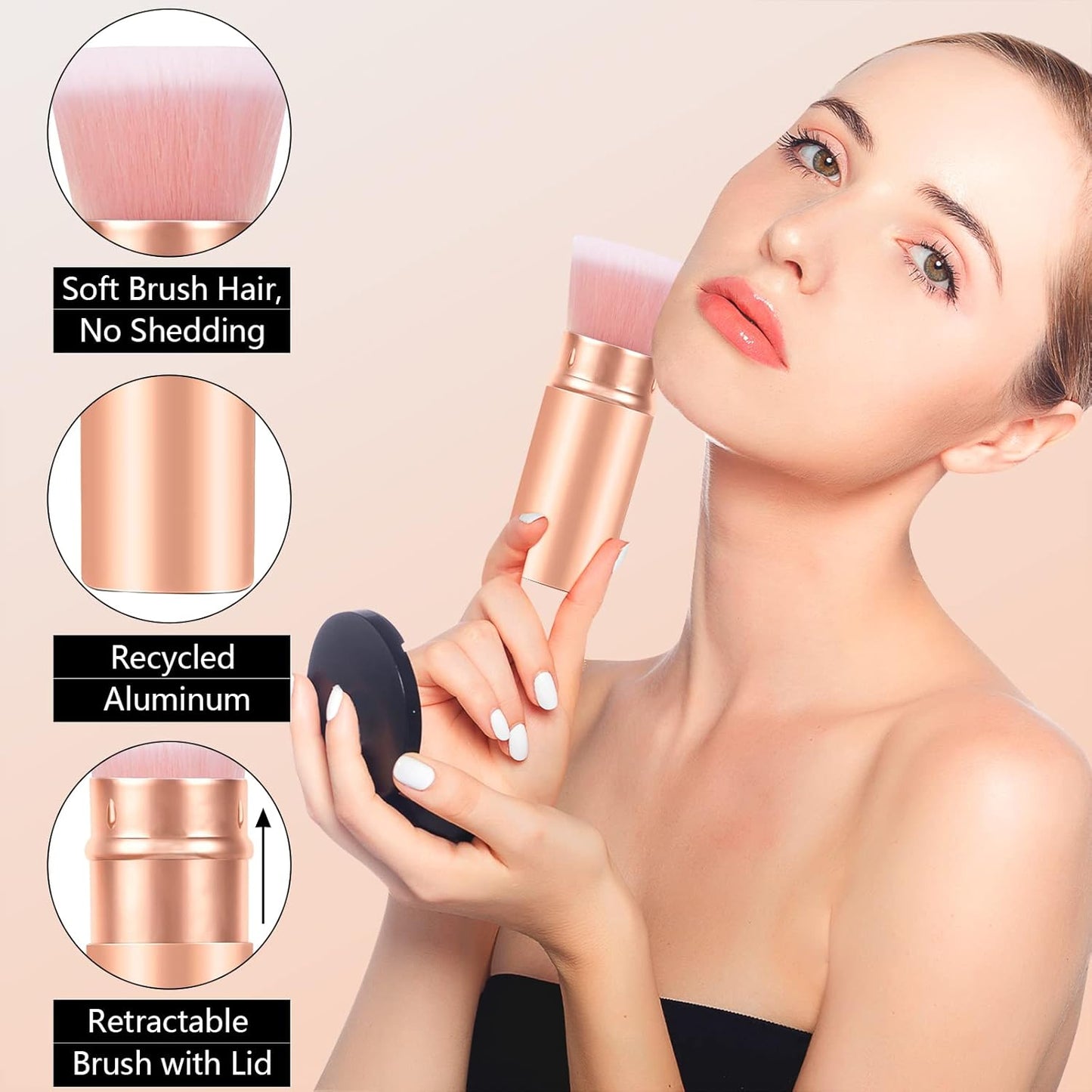 Falliny Retractable Makeup Brushes, Travel Kabuki Powder Foundation Brush, Portable Face Liquid Foundation Sunscreen Brush with Cover for Blending Liquid, Bronzer,Cream or Flawless Powder Cosmetics