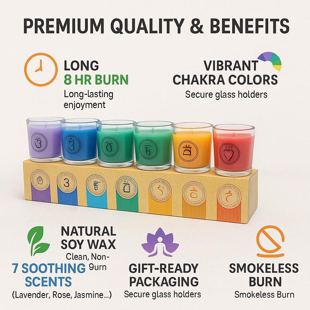 Chakra Scented Candles Gift Set, Natural Soy Wax Aromatherapy Candles for Meditation, Yoga, Relaxation & Stress Relief, Long 8-Hour Burn Each, Calming Spiritual Decor