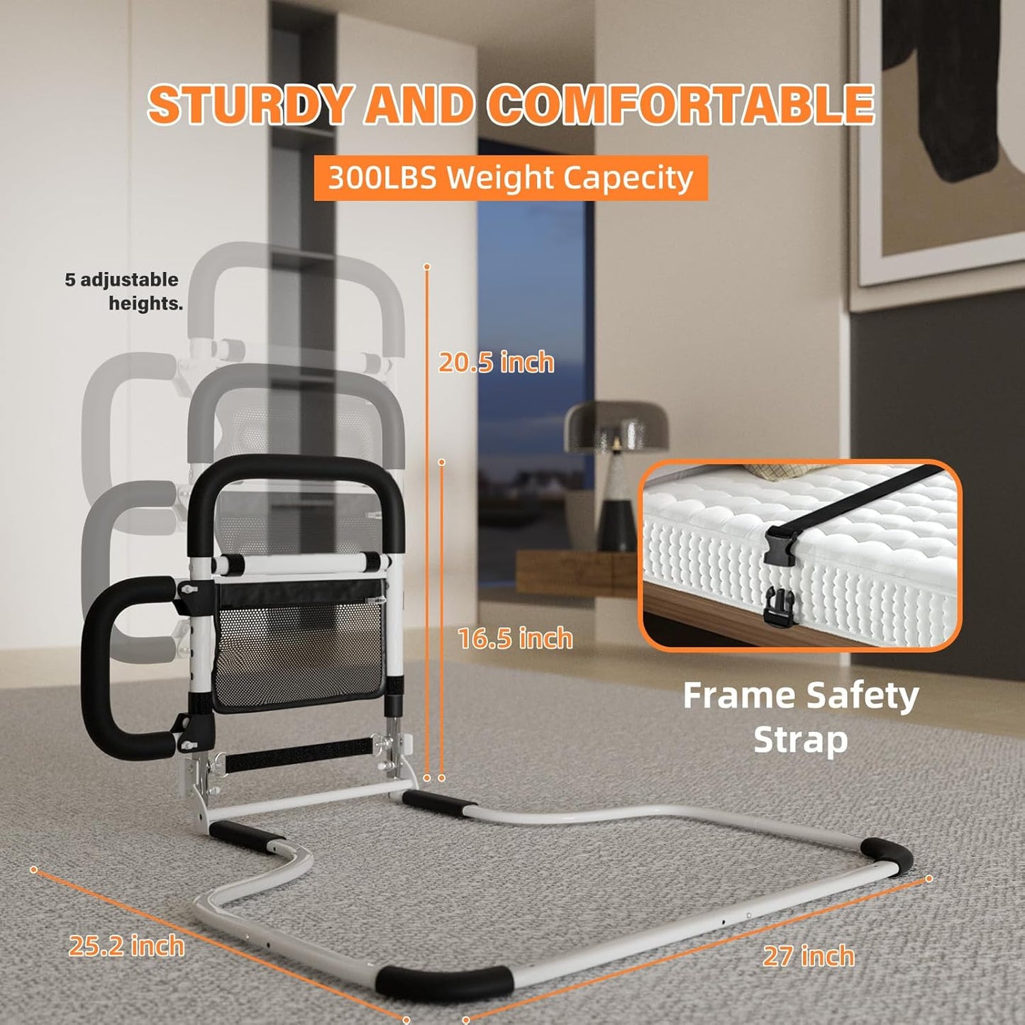 Foldable Bed Rails for Elderly Adults Safety with LED Night Light and Three Storage Pockets, Adjustable Bed Assist Rails for Seniors,Portable & Sturdy Grab Bar Bed Cane for King/Queen/Full/Twin(L)