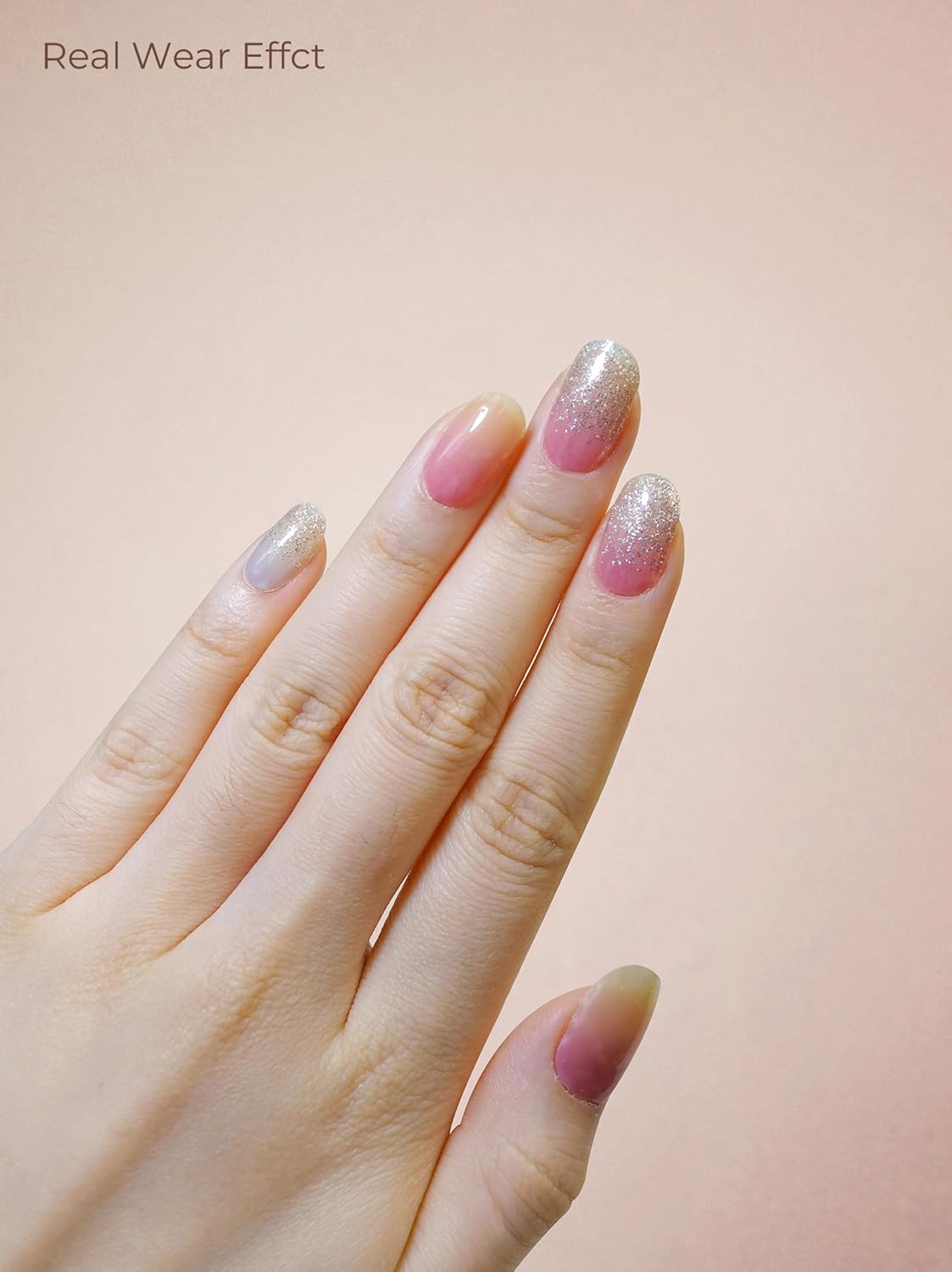 Pre Cured Gel Nail Strips - 44PCS Salon Quality Gel Nail Stickers - Long Lasting Polish Wraps for Women no UV Light Needed Easy Apply& Remove (Rainbow Pink Glow）