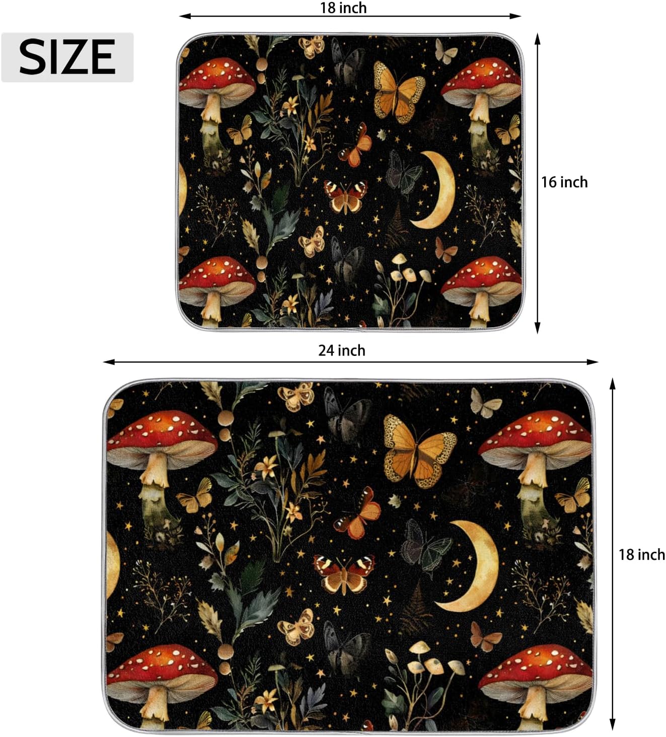 Hexteria Mushrooms and Butterflies Dish Drying Mat for Kitchen Counter Microfiber Absorbent Dish Draining Reusable Washable Foldable Large 16"x18"
